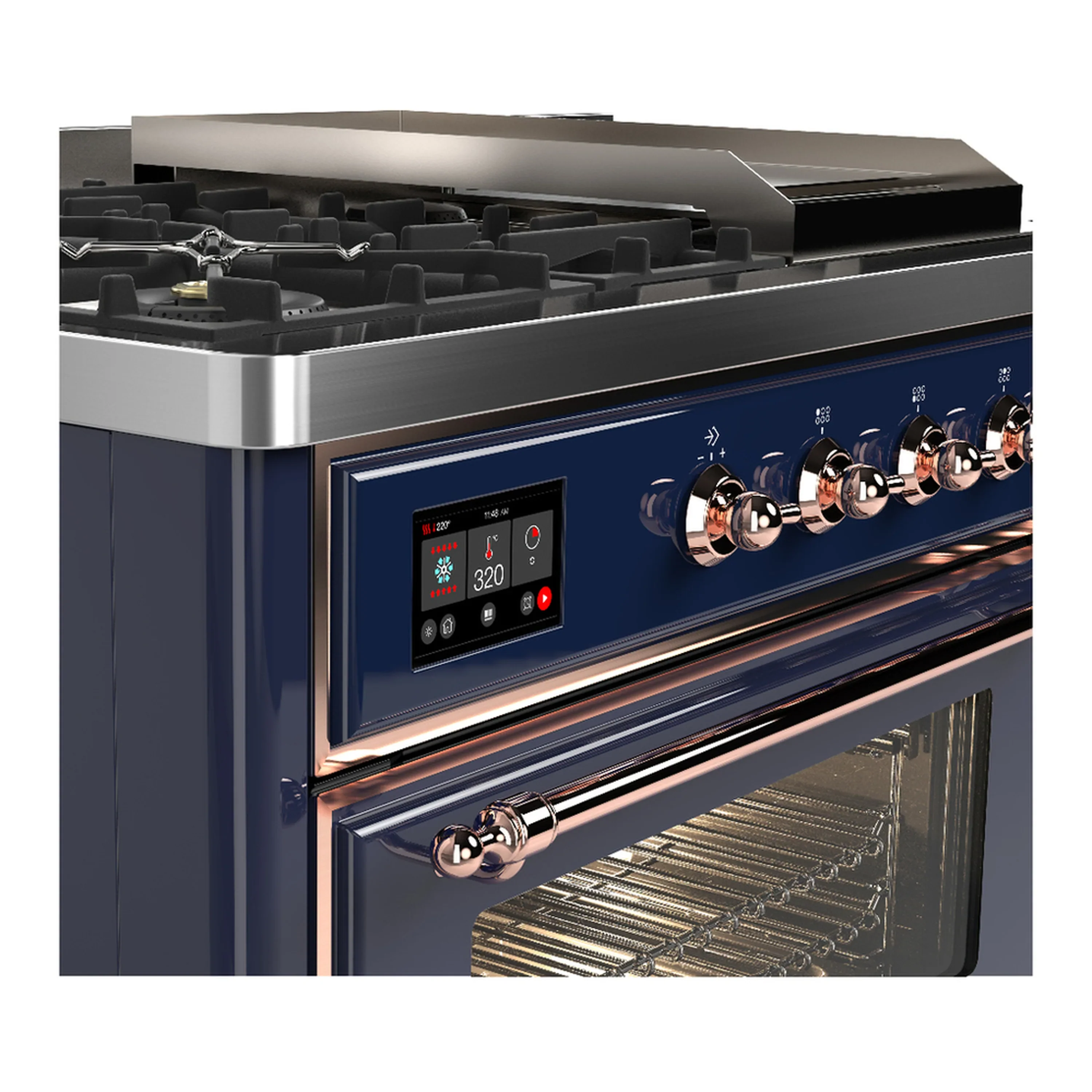ILVE Majestic III 48-inch Dual Fuel Range with 5 Liquid Propane Burner, Griddle, French Top and Triple Glass Door Electric Oven in Midnight Blue with Copper Trim (UM48FSNR3MBPLP) - Image 7