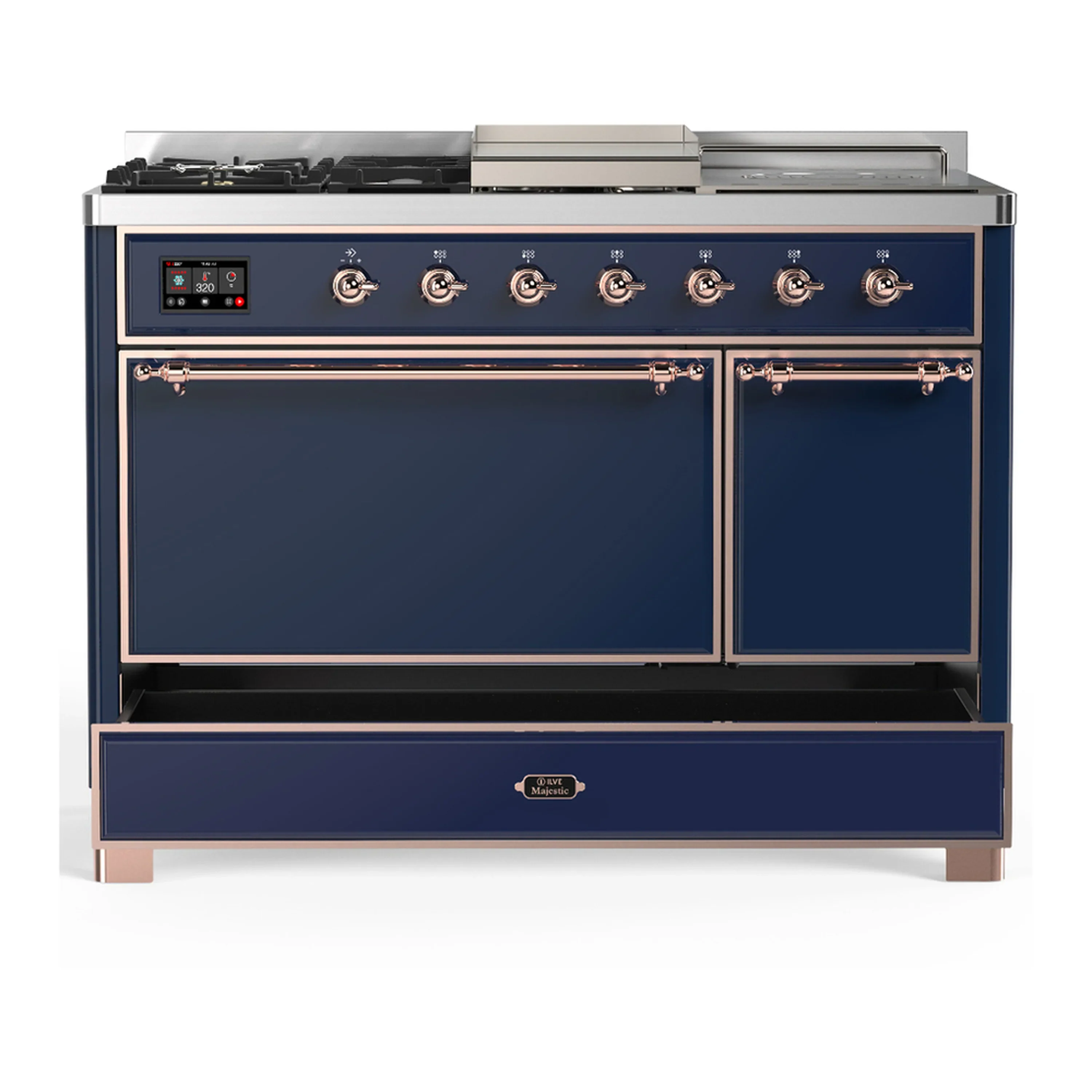 ILVE Majestic III 48-inch Dual Fuel Range with 5 Liquid Propane Burner, Griddle, French Top and Solid Door Electric Oven in Midnight Blue with Copper Trim (UM48FSQNR3MBPLP) - Image 3