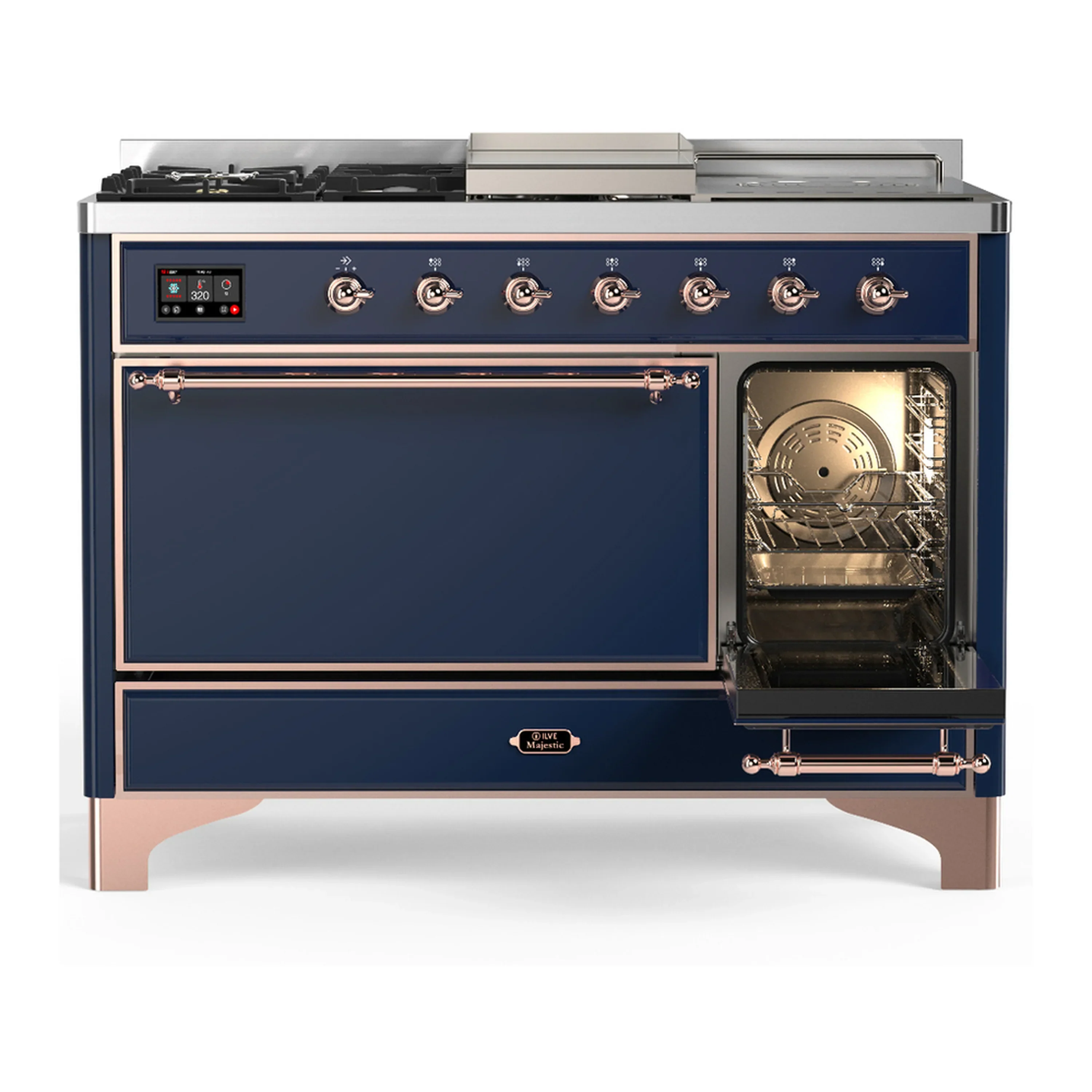 ILVE Majestic III 48-inch Dual Fuel Range with 5 Liquid Propane Burner, Griddle, French Top and Solid Door Electric Oven in Midnight Blue with Copper Trim (UM48FSQNR3MBPLP) - Image 4