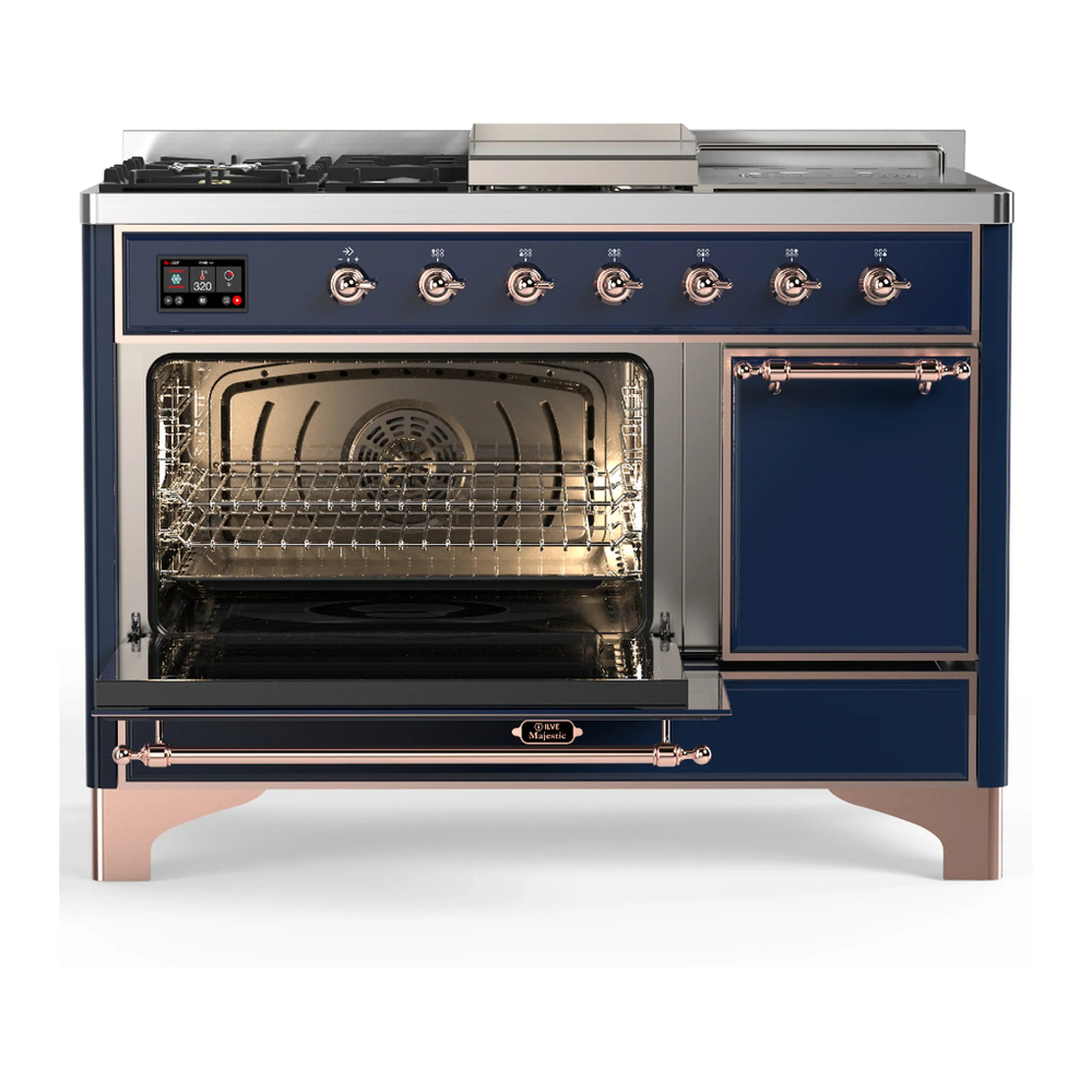 ILVE Majestic III 48-inch Dual Fuel Range with 5 Liquid Propane Burner, Griddle, French Top and Solid Door Electric Oven in Midnight Blue with Copper Trim (UM48FSQNR3MBPLP) - Image 5