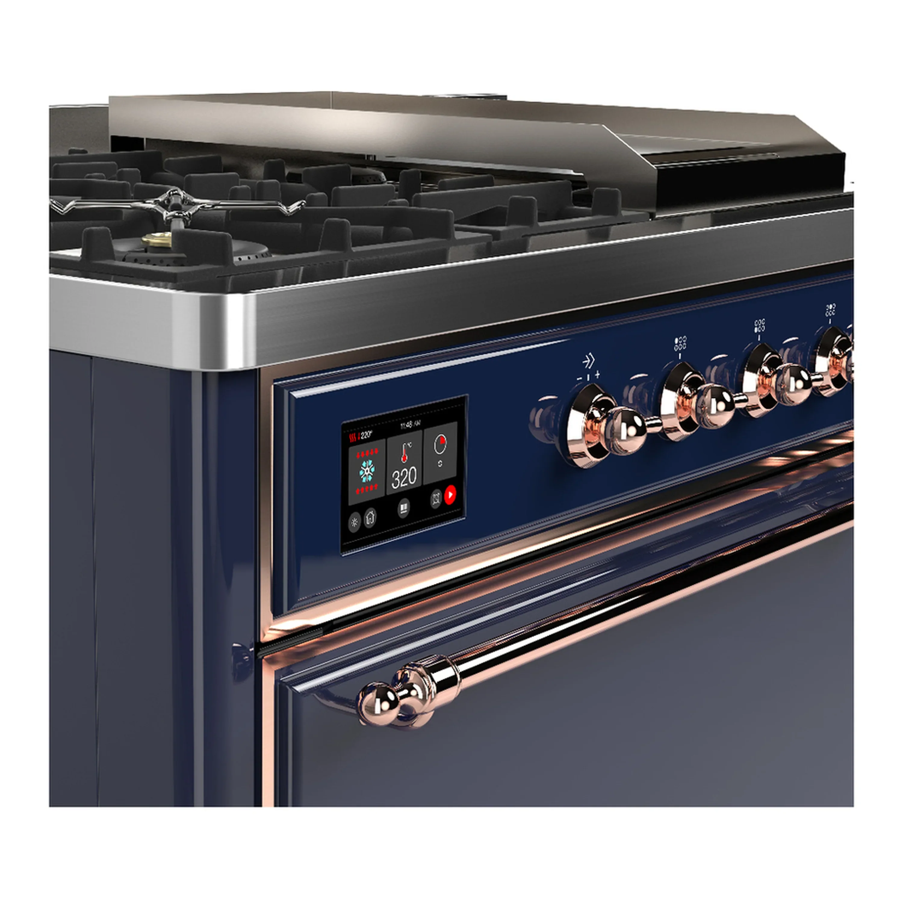 ILVE Majestic III 48-inch Dual Fuel Range with 5 Liquid Propane Burner, Griddle, French Top and Solid Door Electric Oven in Midnight Blue with Copper Trim (UM48FSQNR3MBPLP) - Image 7