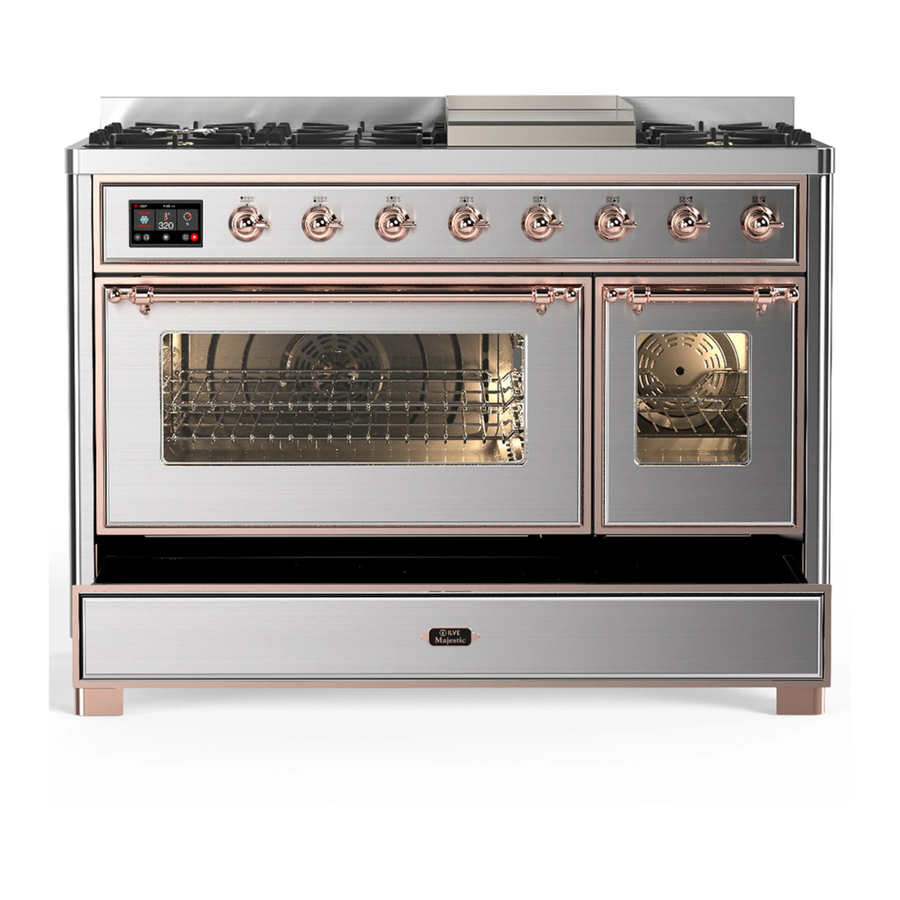 ILVE Majestic III 48-inch Dual Fuel Range with 5 Natural Gas Burner, Griddle and Triple Glass Door Electric Oven in Stainless Steel with Copper Trim (UM48FNR3SSP) - Image 3