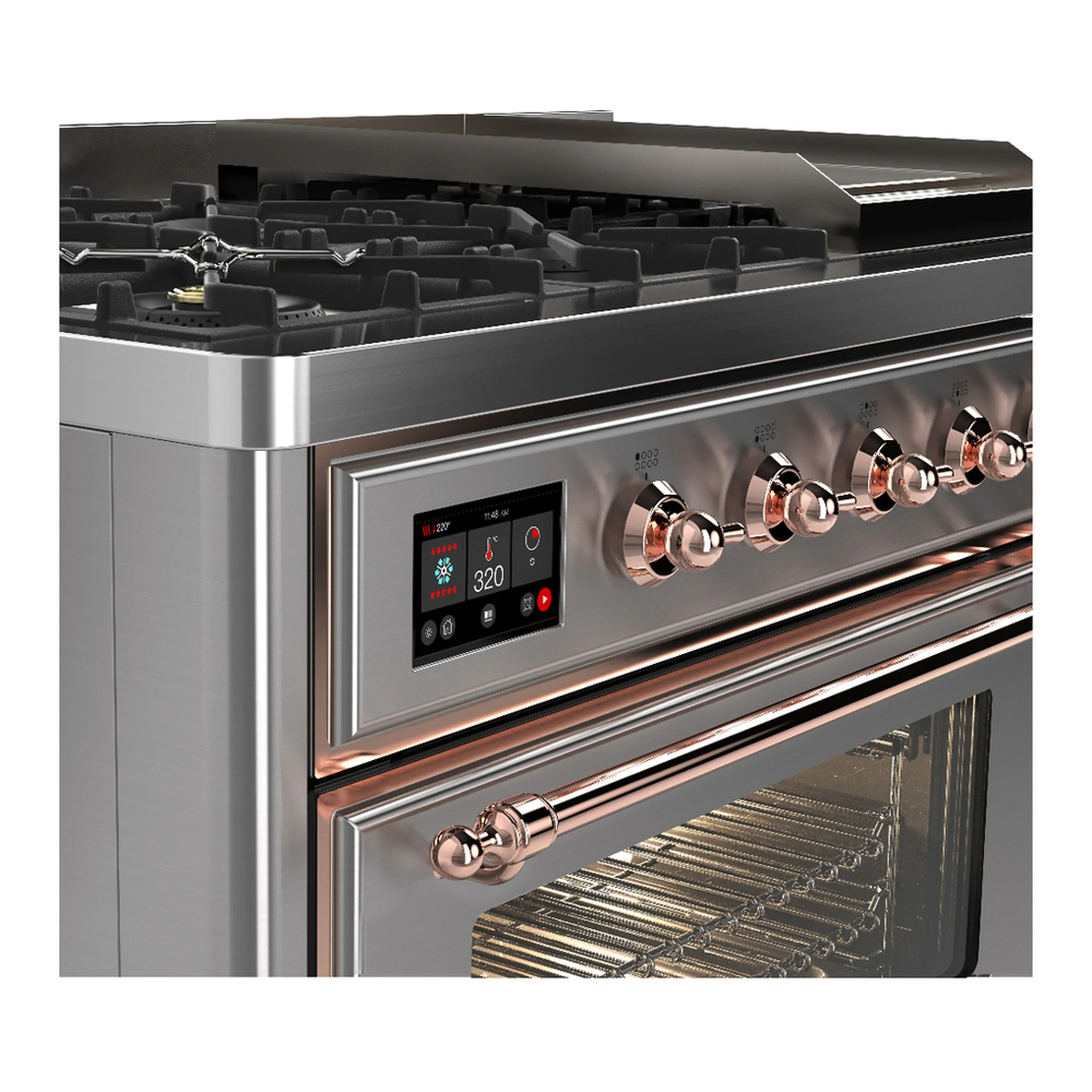 ILVE Majestic III 48-inch Dual Fuel Range with 5 Natural Gas Burner, Griddle and Triple Glass Door Electric Oven in Stainless Steel with Copper Trim (UM48FNR3SSP) - Image 7