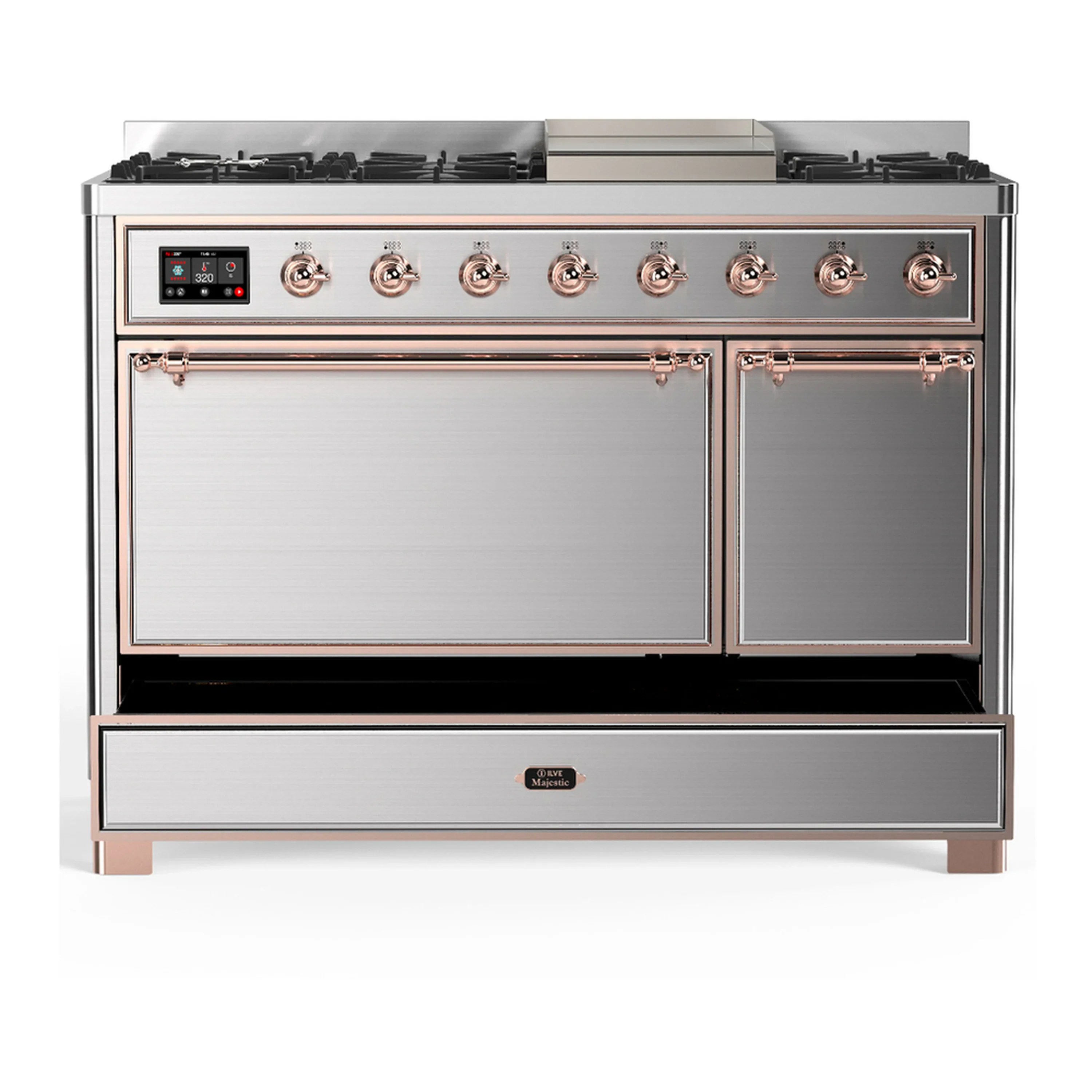 ILVE Majestic III 48-inch Dual Fuel Range with 5 Liquid Propane Burner, Griddle and Solid Door Electric Oven in Stainless Steel with Copper Trim (UM48FQNR3SSPLP) - Image 3