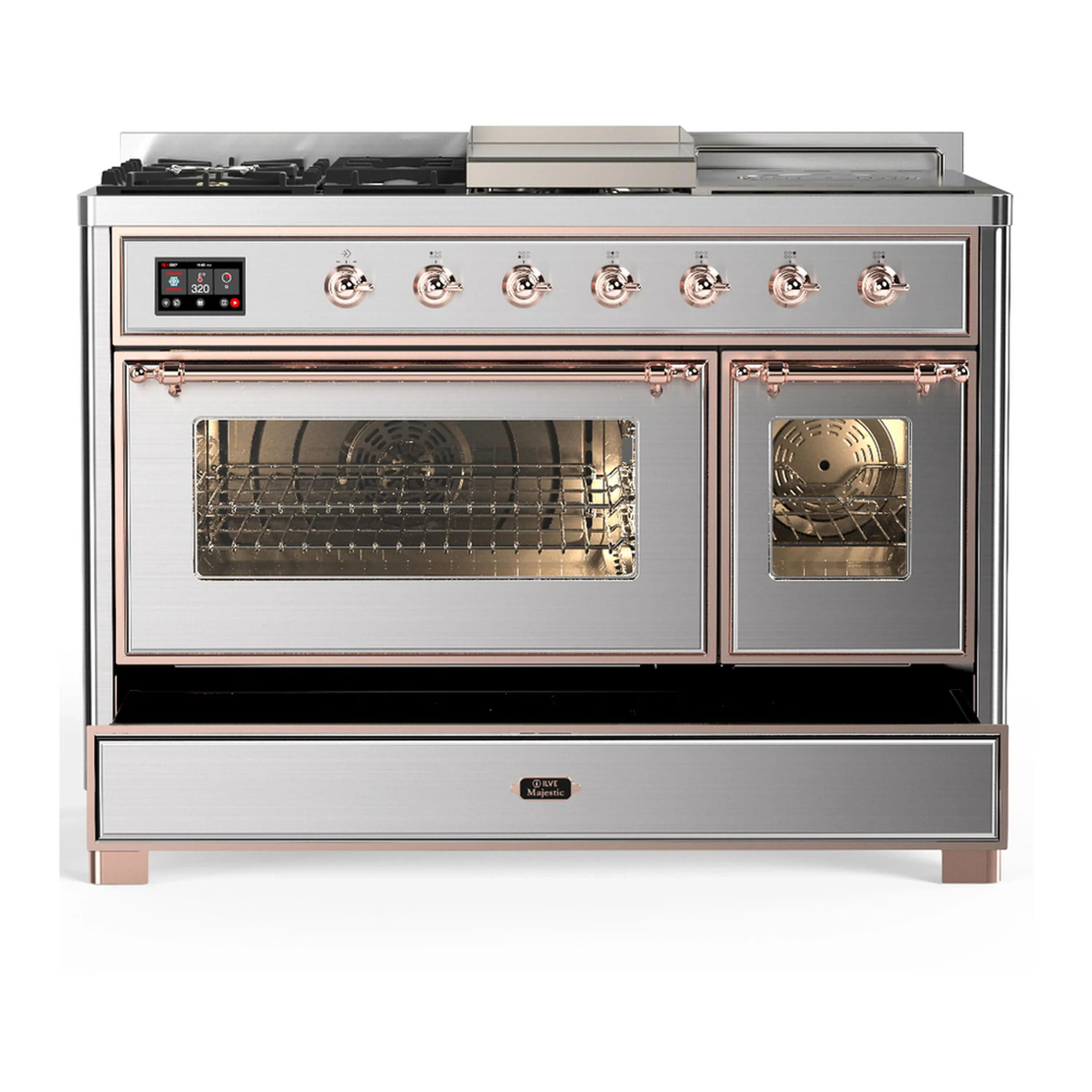 ILVE Majestic III 48-inch Dual Fuel Range with 5 Natural Gas Burner, Griddle, French Top and Triple Glass Door Electric Oven in Stainless Steel with Copper Trim (UM48FSNR3SSP) - Image 3
