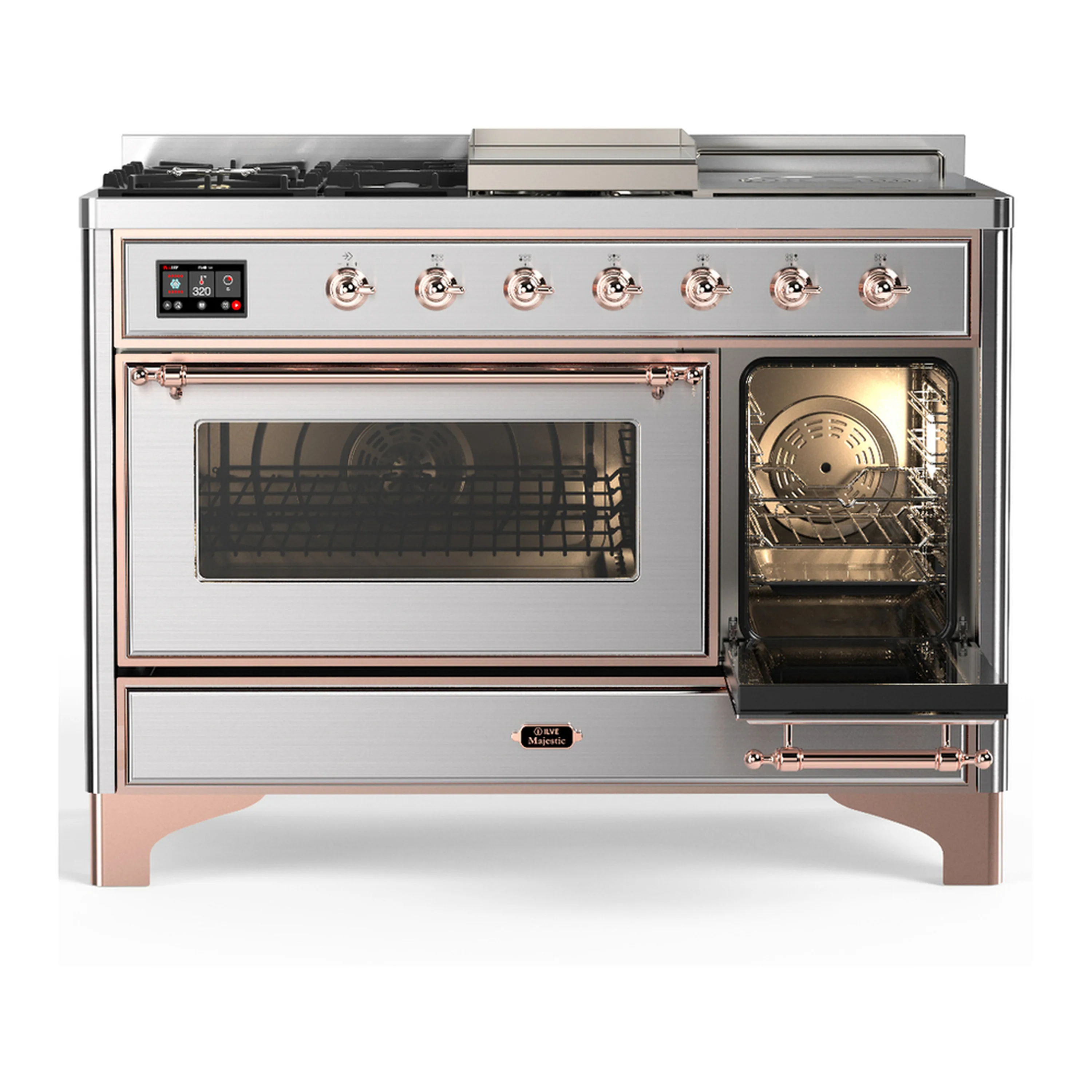 ILVE Majestic III 48-inch Dual Fuel Range with 5 Natural Gas Burner, Griddle, French Top and Triple Glass Door Electric Oven in Stainless Steel with Copper Trim (UM48FSNR3SSP) - Image 4