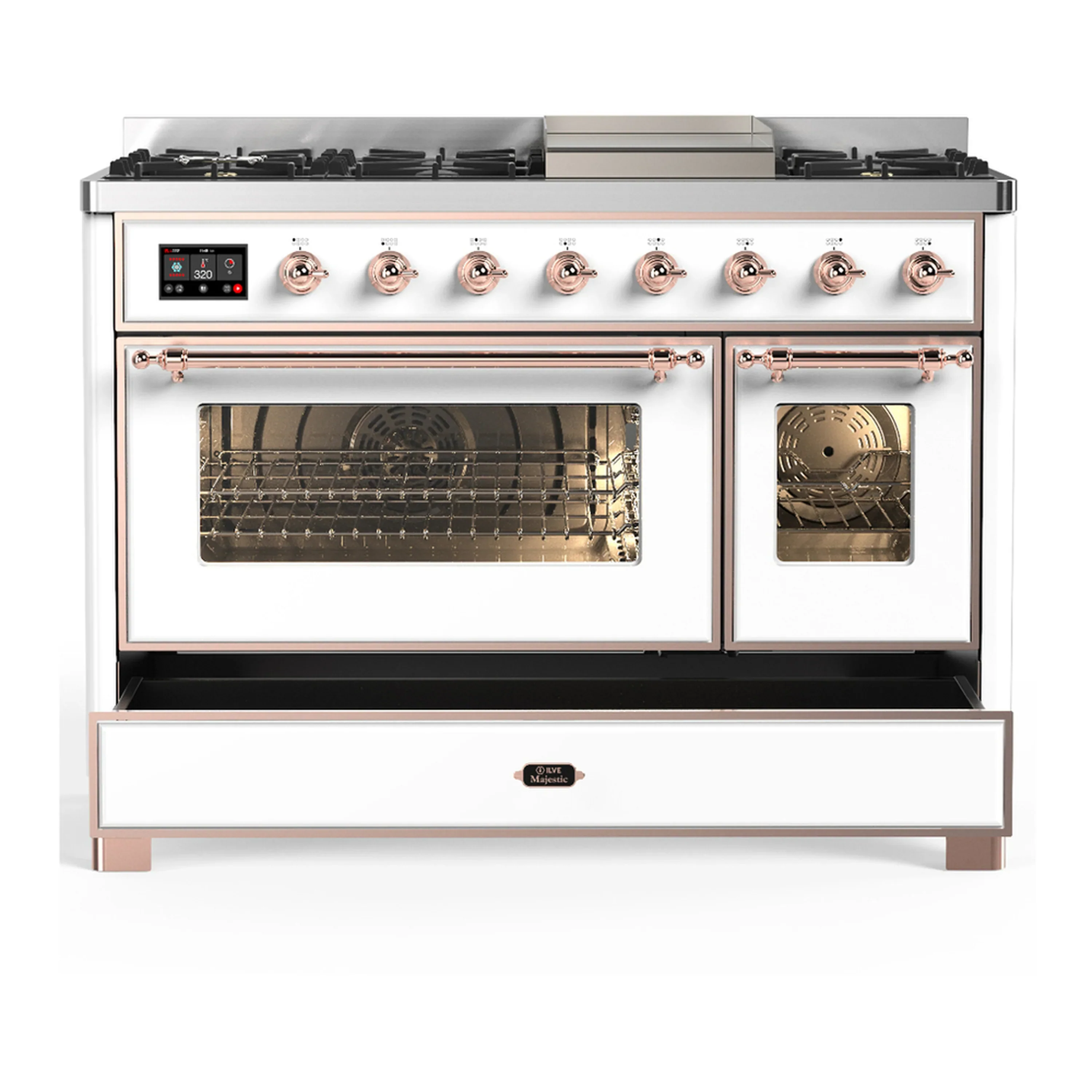 ILVE Majestic III 48-inch Dual Fuel Range with 5 Natural Gas Burner, Griddle and Triple Glass Door Electric Oven in White with Copper Trim (UM48FNR3WHP) - Image 3