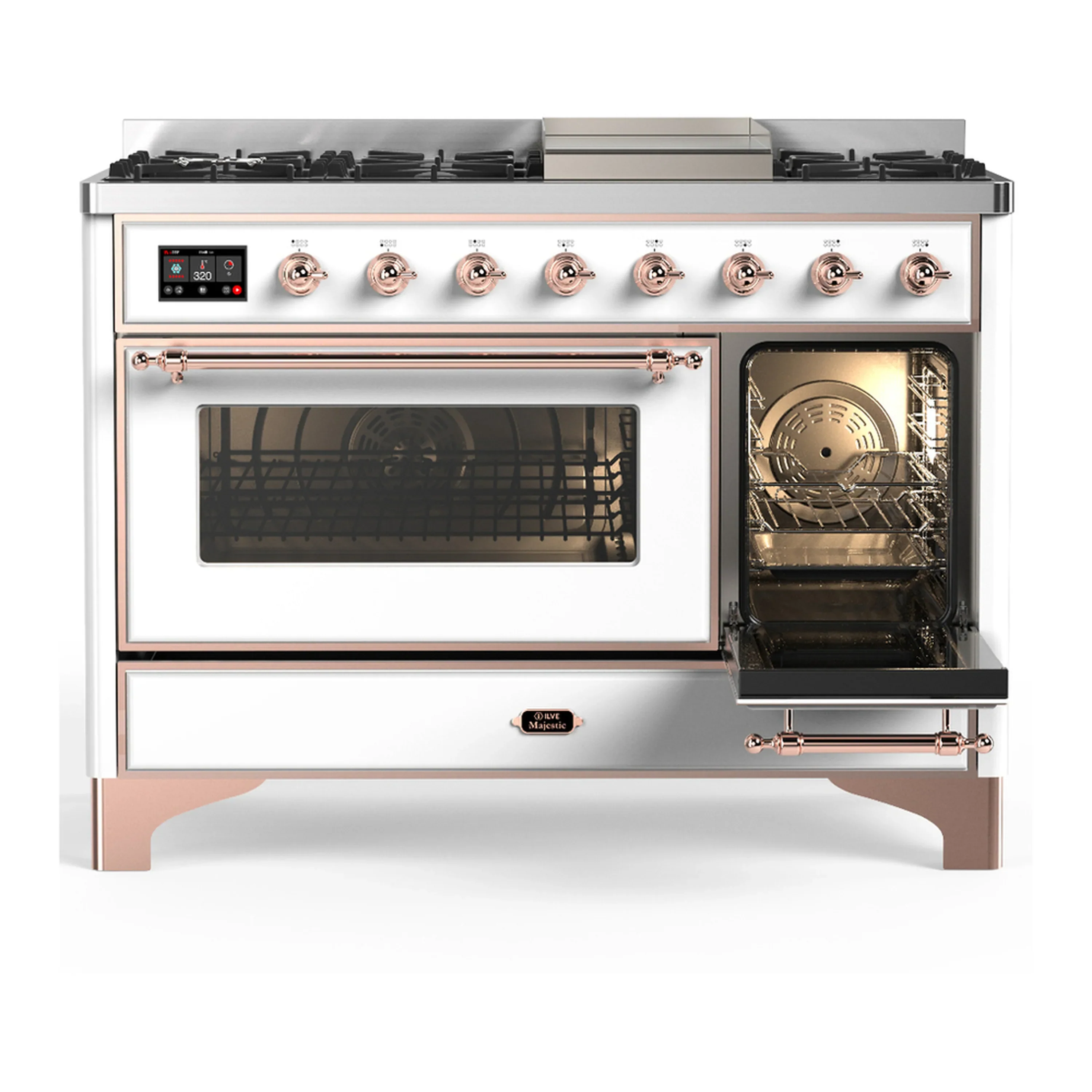 ILVE Majestic III 48-inch Dual Fuel Range with 5 Natural Gas Burner, Griddle and Triple Glass Door Electric Oven in White with Copper Trim (UM48FNR3WHP) - Image 4