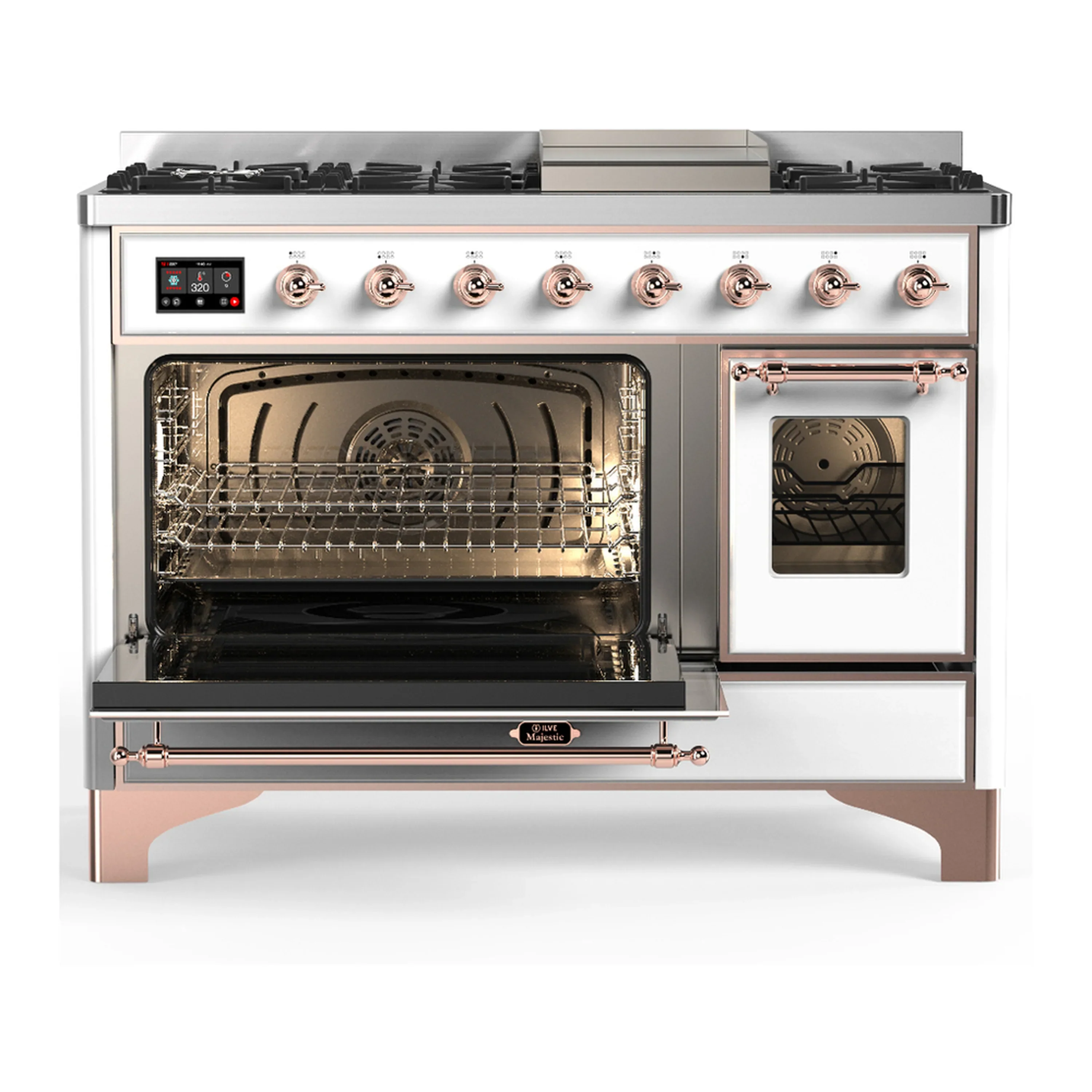 ILVE Majestic III 48-inch Dual Fuel Range with 5 Natural Gas Burner, Griddle and Triple Glass Door Electric Oven in White with Copper Trim (UM48FNR3WHP) - Image 5