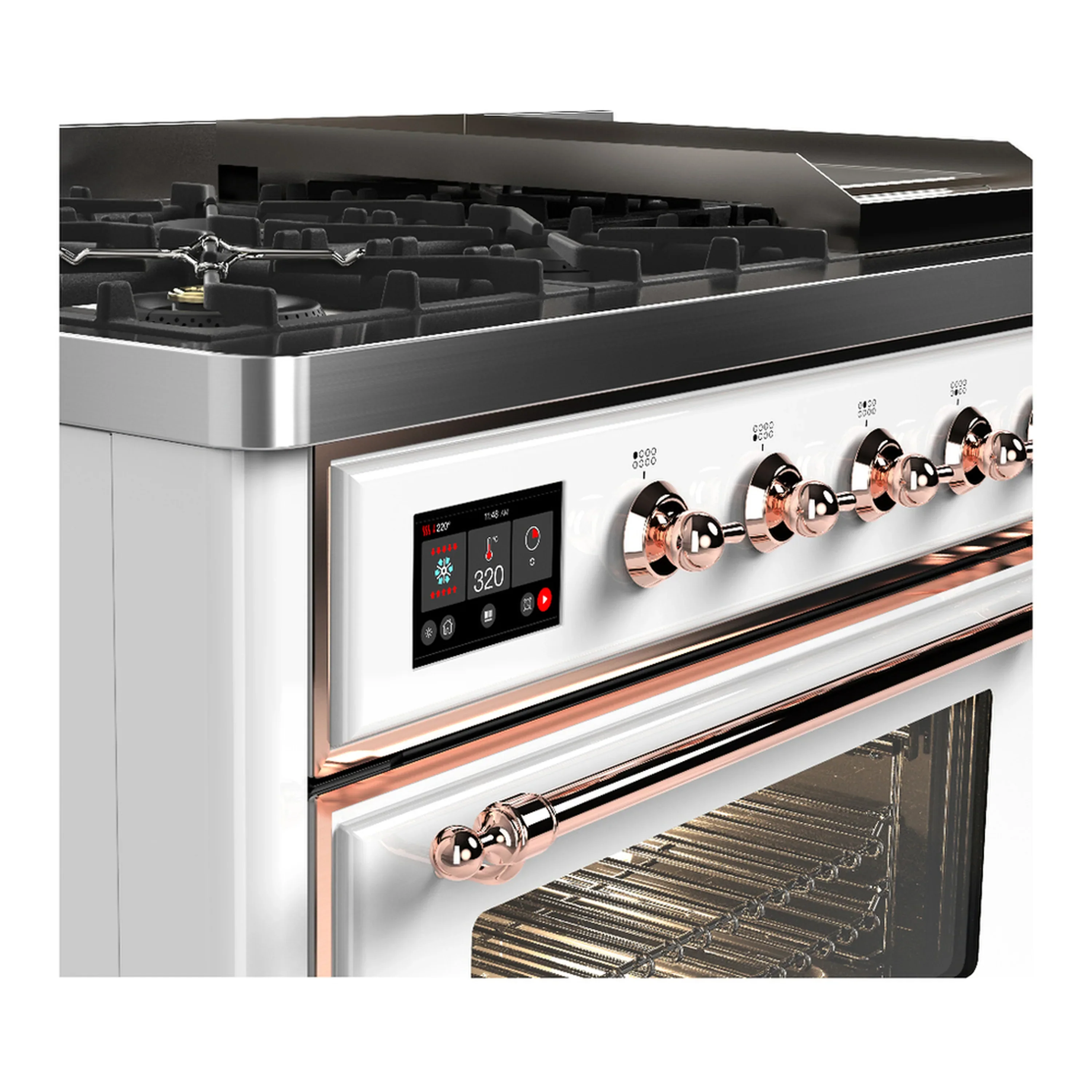 ILVE Majestic III 48-inch Dual Fuel Range with 5 Natural Gas Burner, Griddle and Triple Glass Door Electric Oven in White with Copper Trim (UM48FNR3WHP) - Image 7