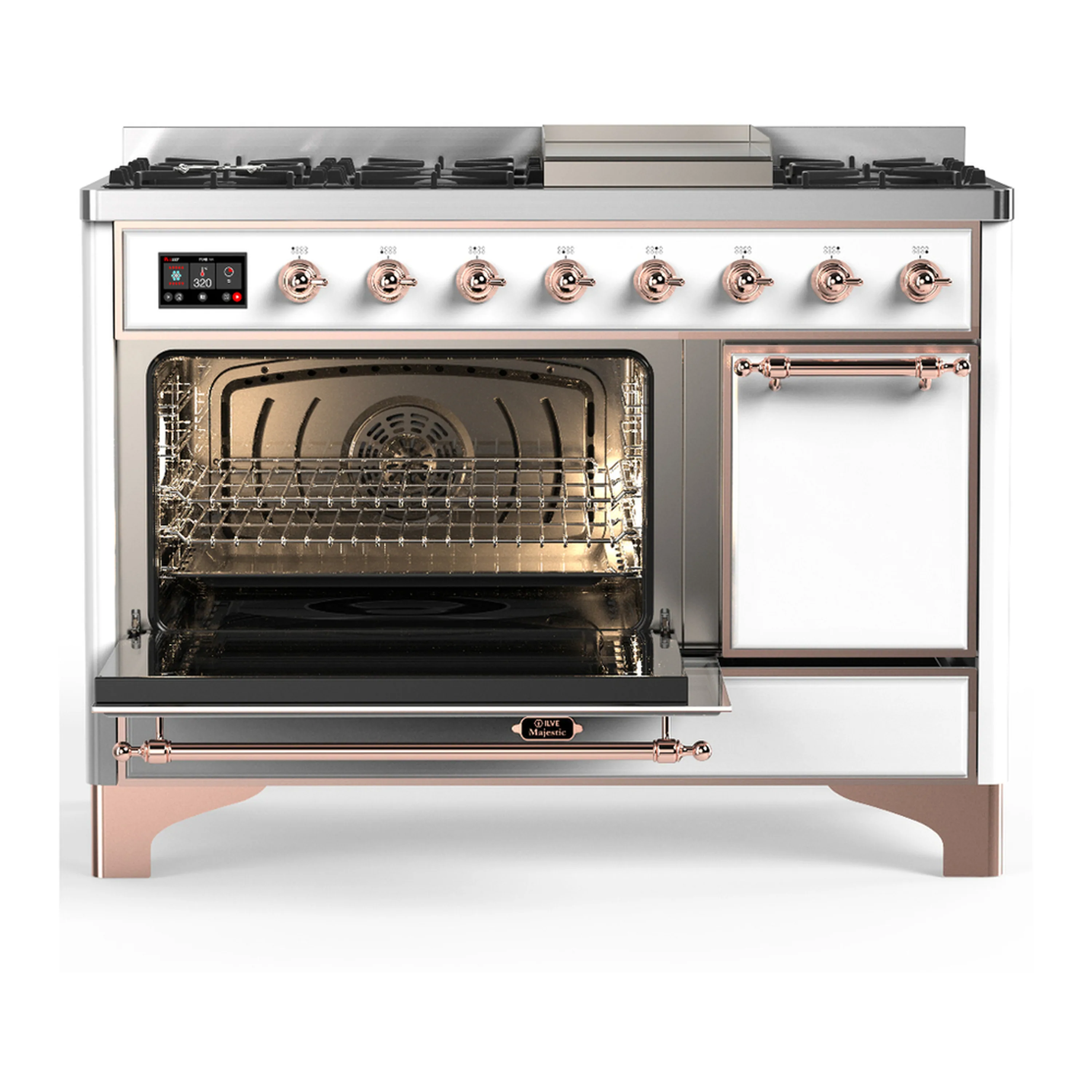 ILVE Majestic III 48-inch Dual Fuel Range with 5 Natural Gas Burner, Griddle and Solid Door Electric Oven in White with Copper Trim (UM48FQNR3WHP) - Image 5