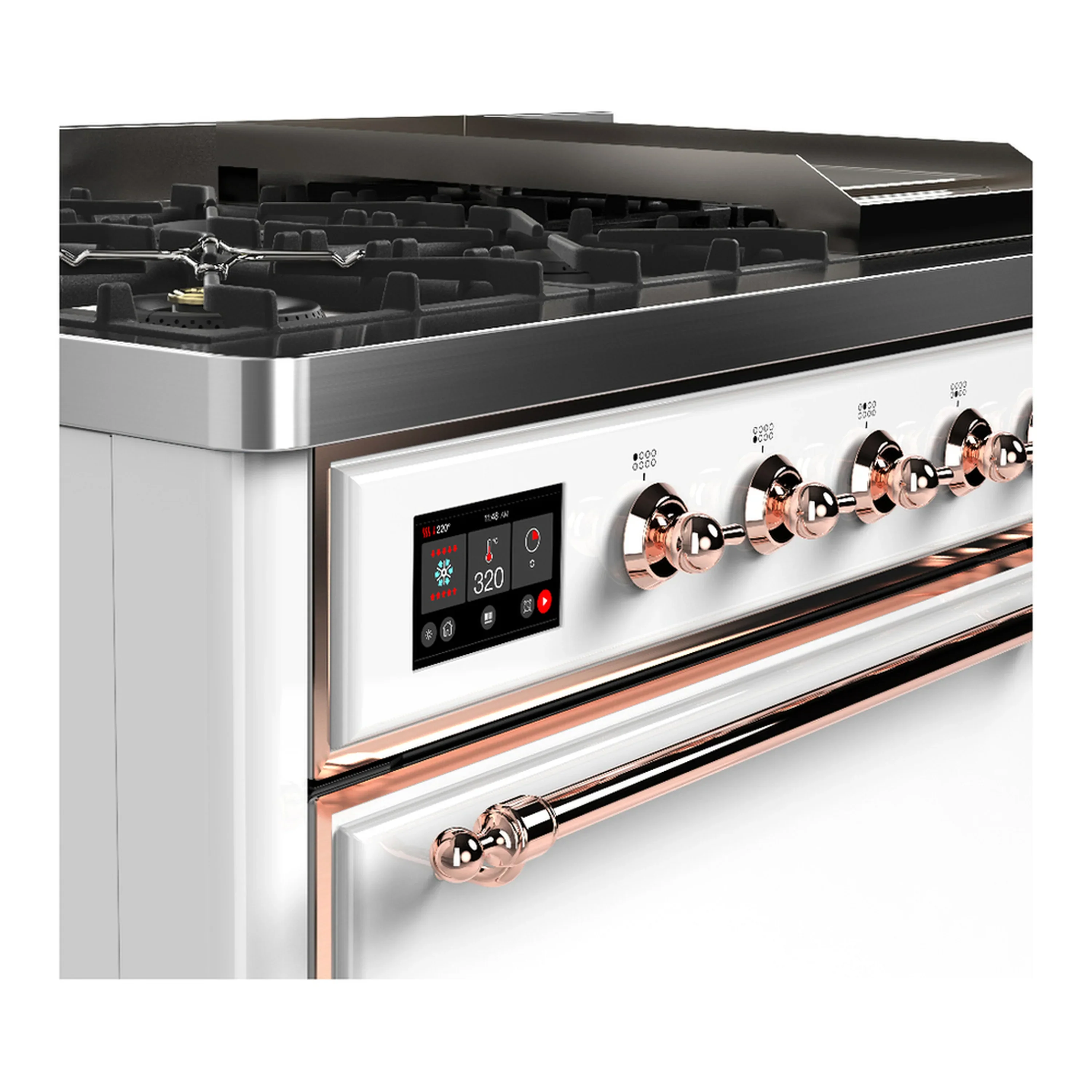 ILVE Majestic III 48-inch Dual Fuel Range with 5 Natural Gas Burner, Griddle and Solid Door Electric Oven in White with Copper Trim (UM48FQNR3WHP) - Image 7