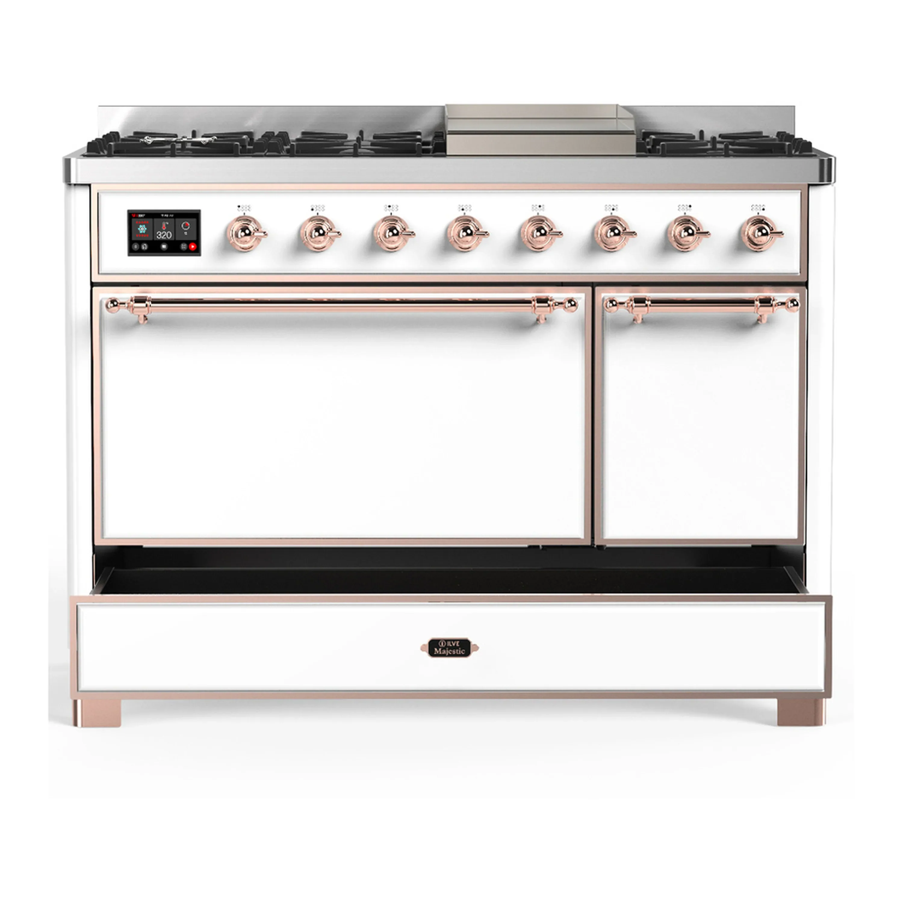 ILVE Majestic III 48-inch Dual Fuel Range with 5 Liquid Propane Burner, Griddle and Solid Door Electric Oven in White with Copper Trim (UM48FQNR3WHPLP) - Image 3