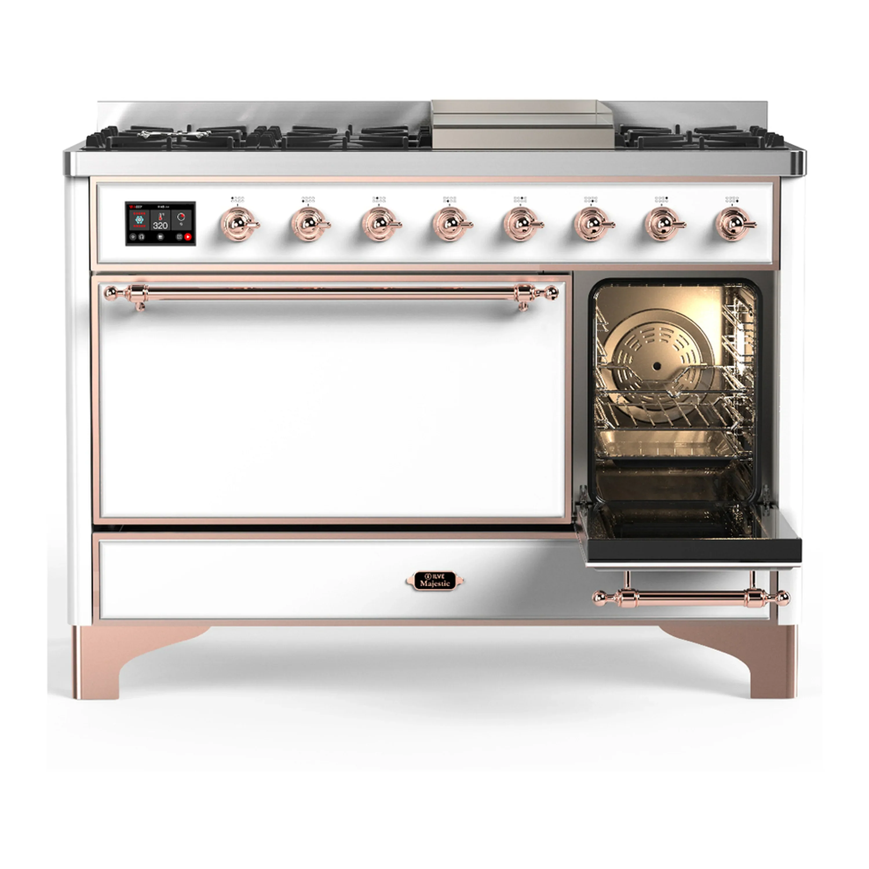 ILVE Majestic III 48-inch Dual Fuel Range with 5 Liquid Propane Burner, Griddle and Solid Door Electric Oven in White with Copper Trim (UM48FQNR3WHPLP) - Image 4