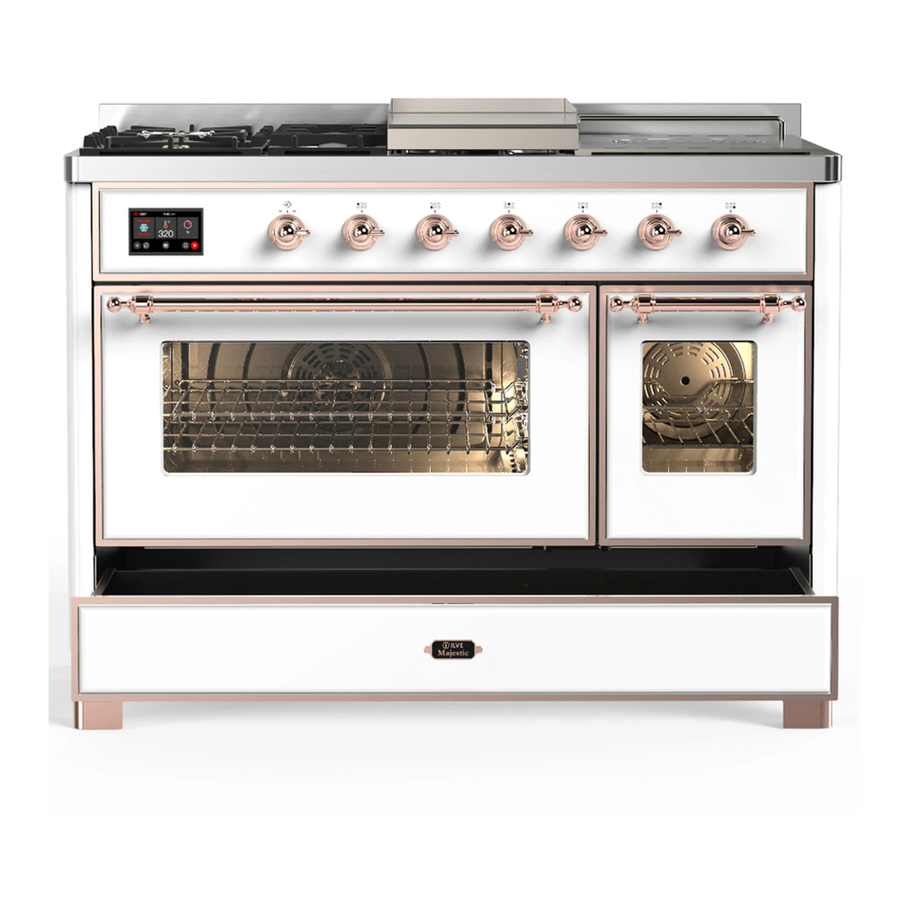 ILVE Majestic III 48-inch Dual Fuel Range with 5 Natural Gas Burner, Griddle, French Top and Triple Glass Door Electric Oven in White with Copper Trim (UM48FSNR3WHP) - Image 3