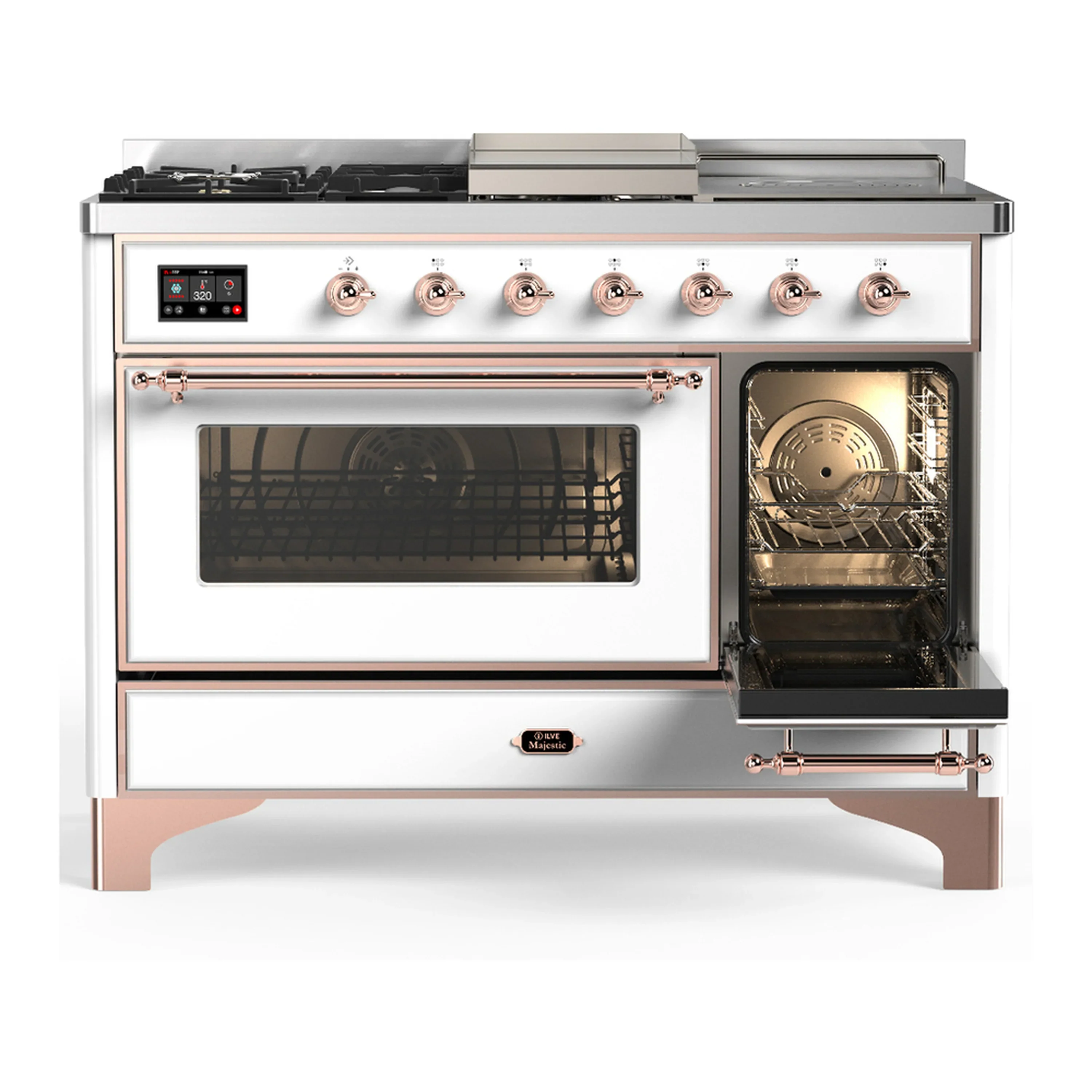ILVE Majestic III 48-inch Dual Fuel Range with 5 Natural Gas Burner, Griddle, French Top and Triple Glass Door Electric Oven in White with Copper Trim (UM48FSNR3WHP) - Image 4