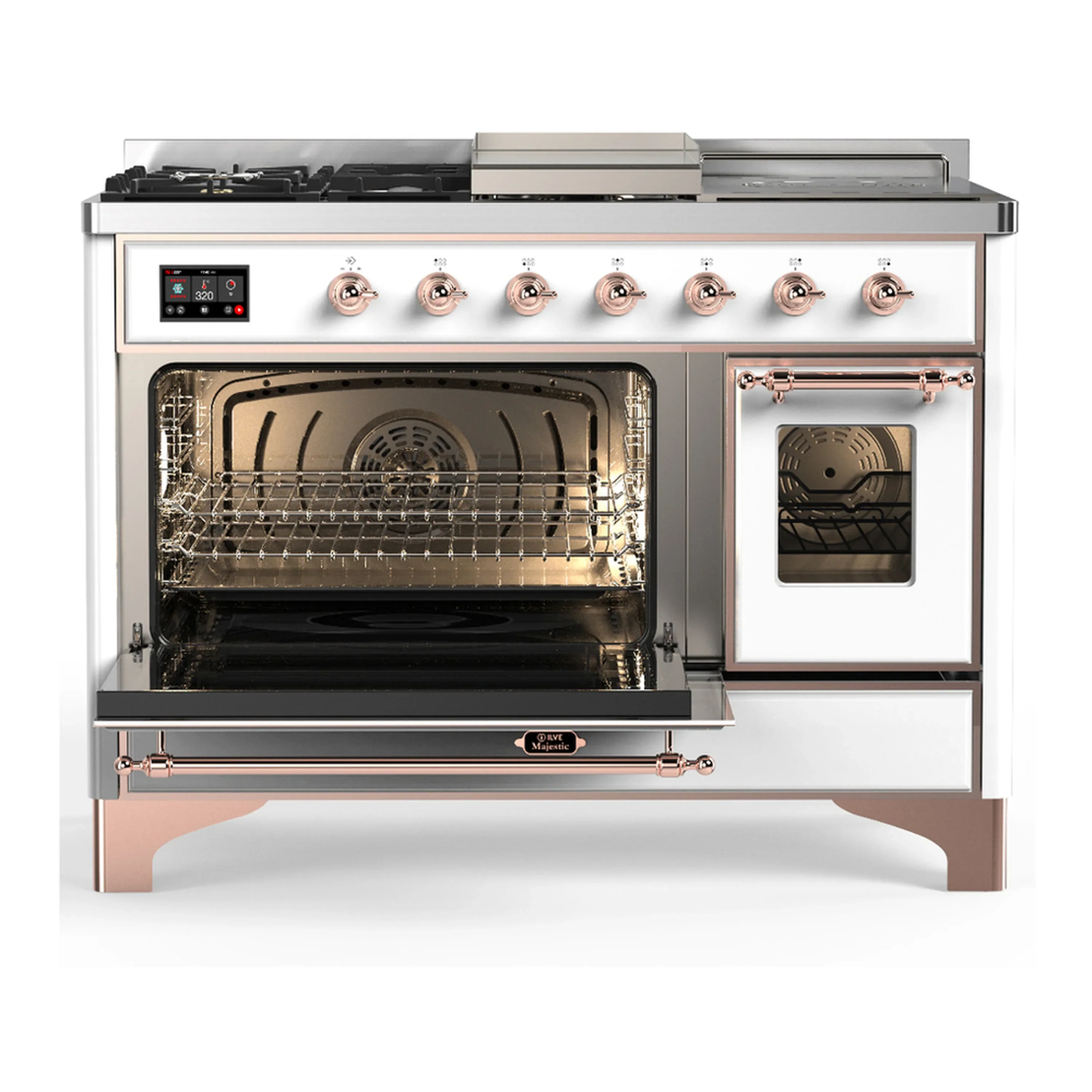 ILVE Majestic III 48-inch Dual Fuel Range with 5 Natural Gas Burner, Griddle, French Top and Triple Glass Door Electric Oven in White with Copper Trim (UM48FSNR3WHP) - Image 5