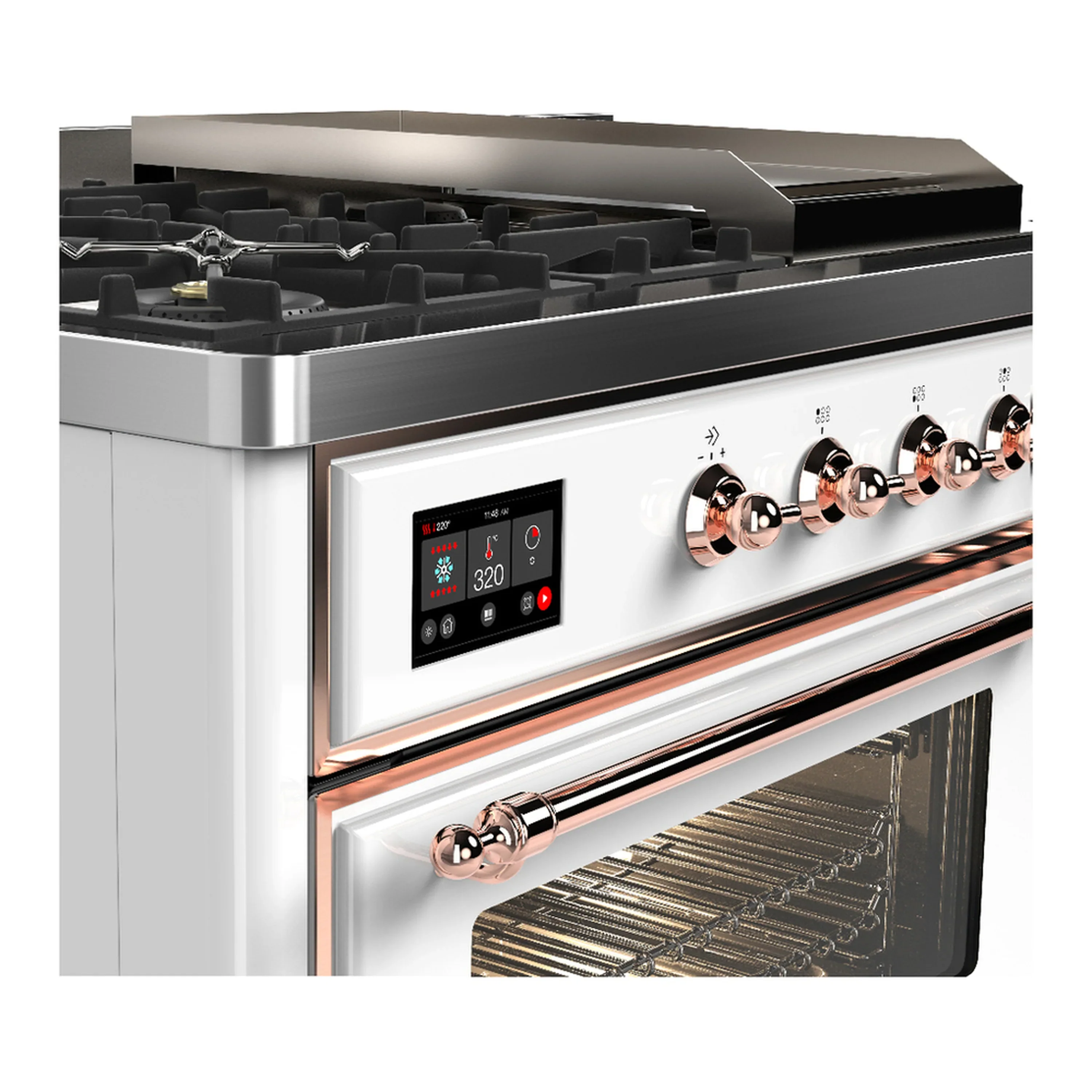 ILVE Majestic III 48-inch Dual Fuel Range with 5 Natural Gas Burner, Griddle, French Top and Triple Glass Door Electric Oven in White with Copper Trim (UM48FSNR3WHP) - Image 7