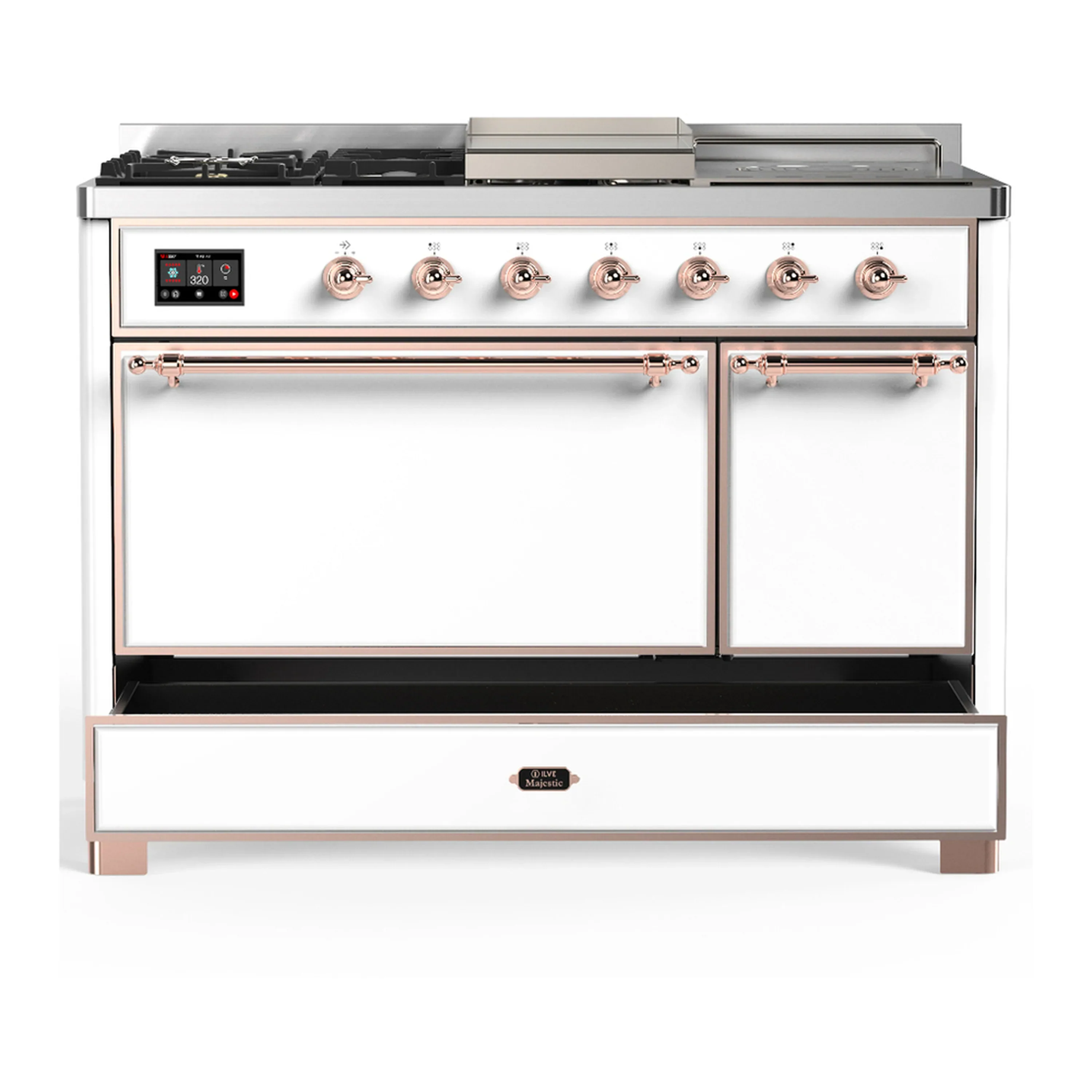 ILVE Majestic III 48-inch Dual Fuel Range with 5 Liquid Propane Burner, Griddle, French Top and Solid Door Electric Oven in White with Copper Trim (UM48FSQNR3WHPLP) - Image 3