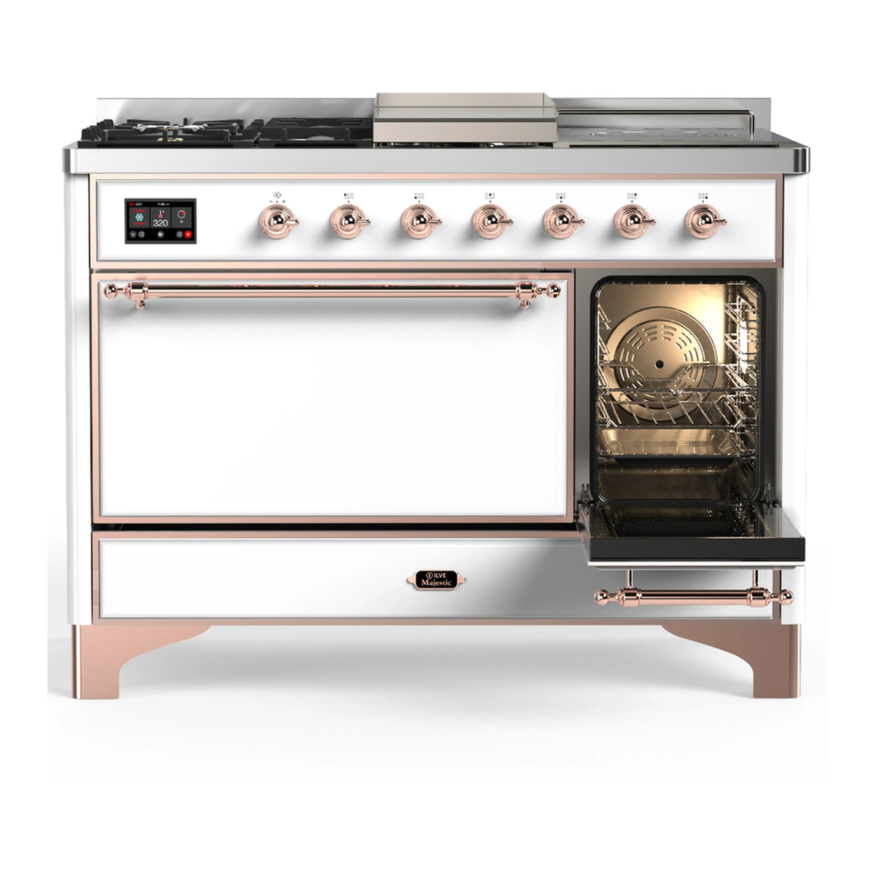ILVE Majestic III 48-inch Dual Fuel Range with 5 Liquid Propane Burner, Griddle, French Top and Solid Door Electric Oven in White with Copper Trim (UM48FSQNR3WHPLP) - Image 4