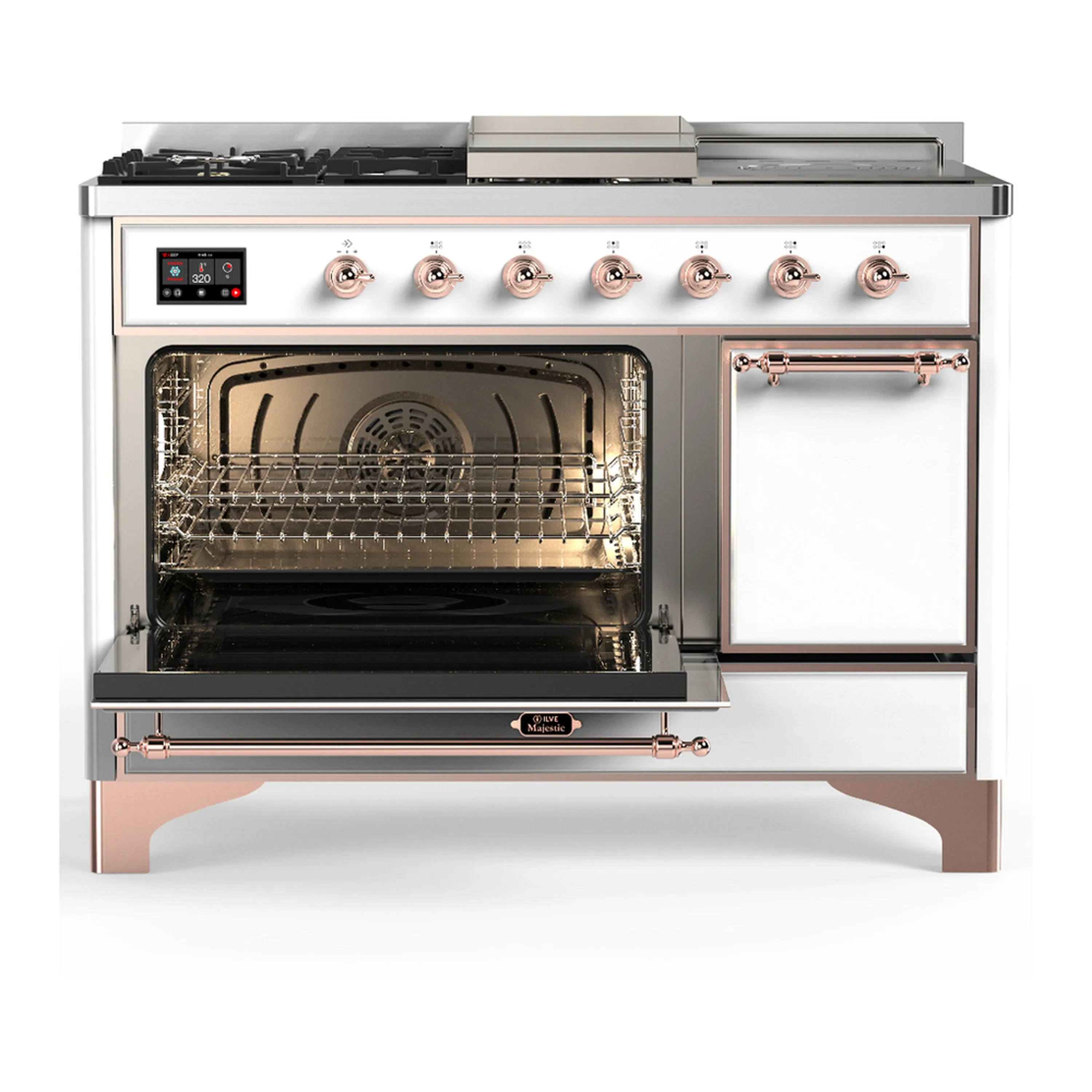 ILVE Majestic III 48-inch Dual Fuel Range with 5 Liquid Propane Burner, Griddle, French Top and Solid Door Electric Oven in White with Copper Trim (UM48FSQNR3WHPLP) - Image 5