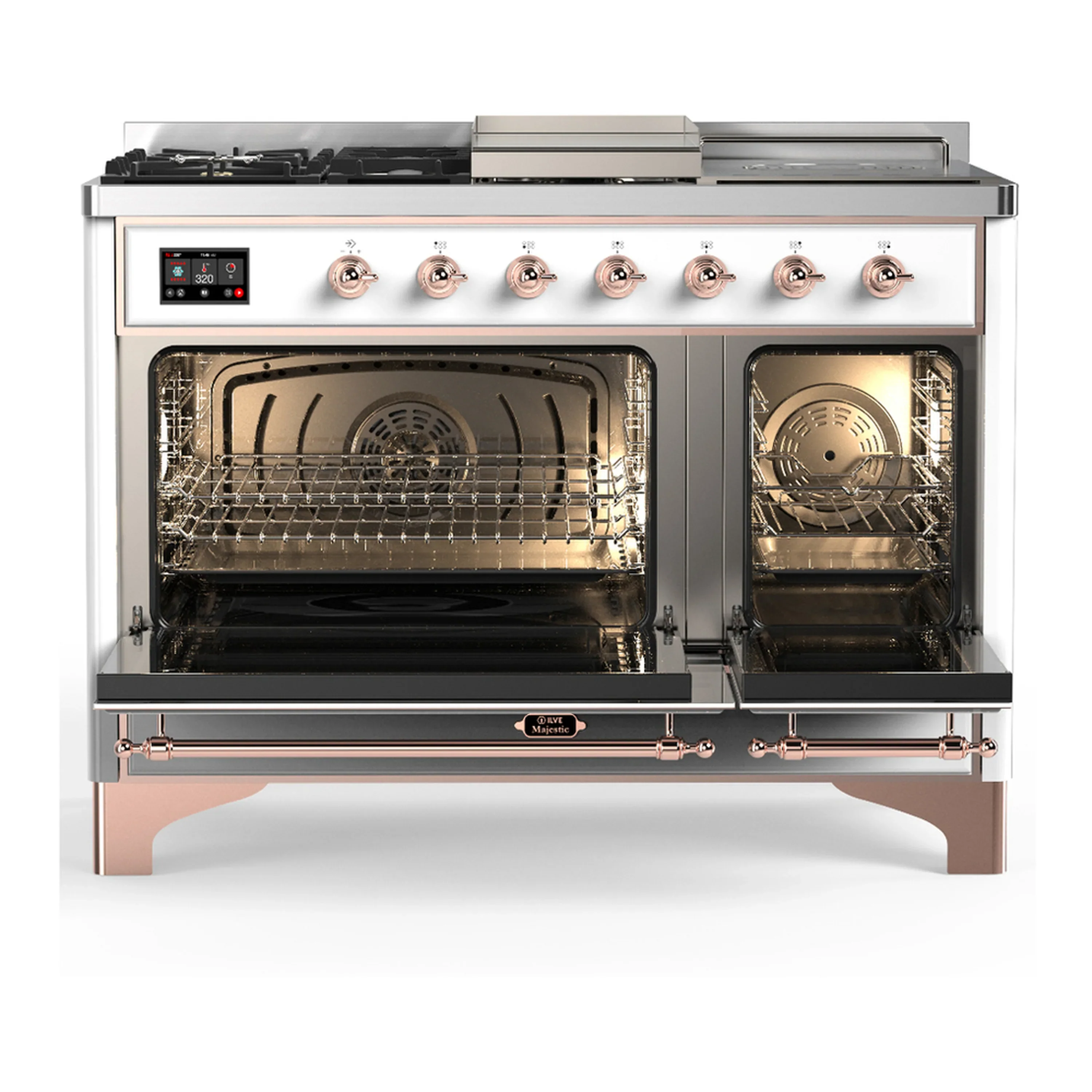 ILVE Majestic III 48-inch Dual Fuel Range with 5 Liquid Propane Burner, Griddle, French Top and Solid Door Electric Oven in White with Copper Trim (UM48FSQNR3WHPLP) - Image 6