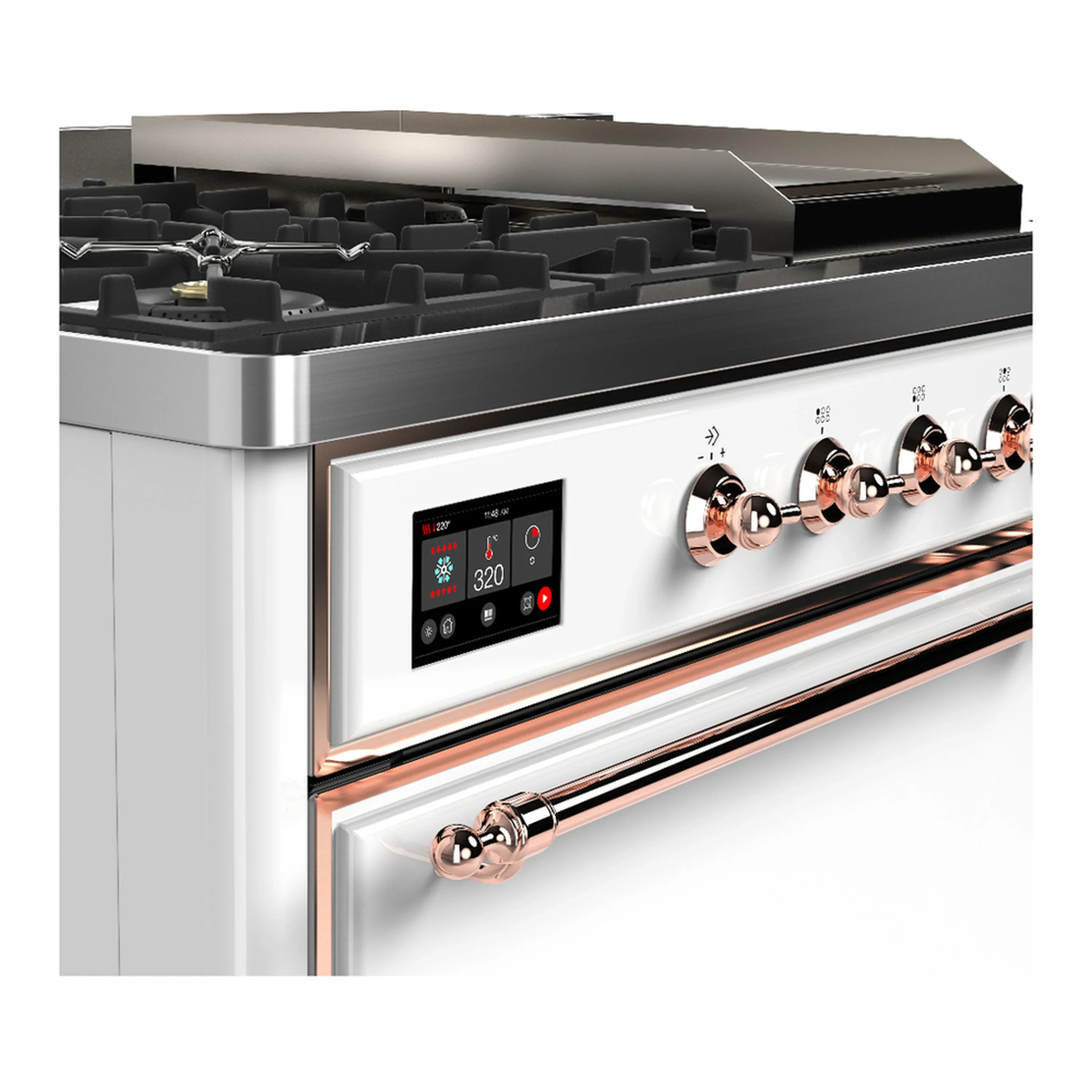 ILVE Majestic III 48-inch Dual Fuel Range with 5 Liquid Propane Burner, Griddle, French Top and Solid Door Electric Oven in White with Copper Trim (UM48FSQNR3WHPLP) - Image 7