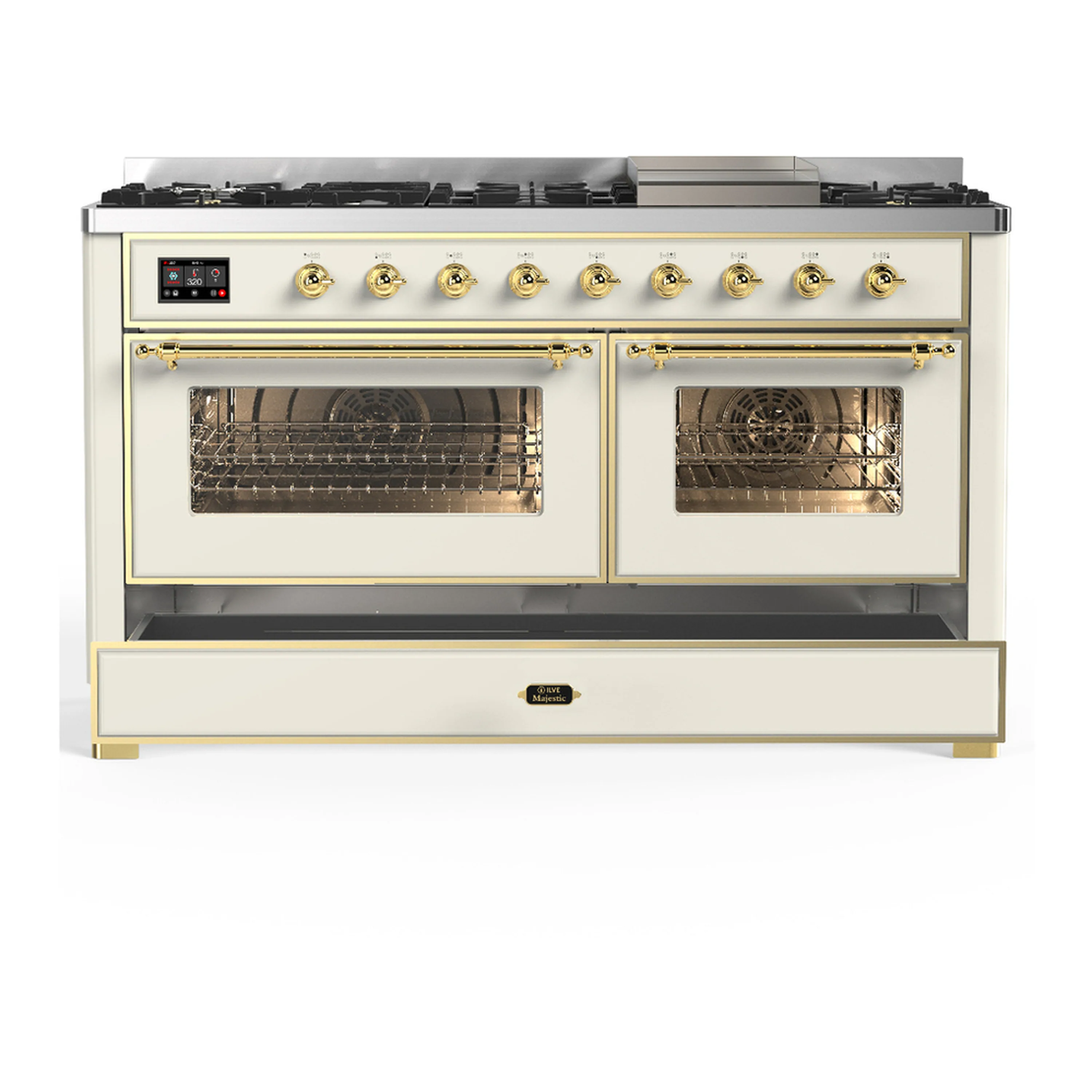 ILVE Majestic III 60-inch Dual Fuel Range with 7 Natural Gas Burner, Griddle and Triple Glass Door Electric Oven in Antique White with Brass Trim (UM60FNR3AWG) - Image 3