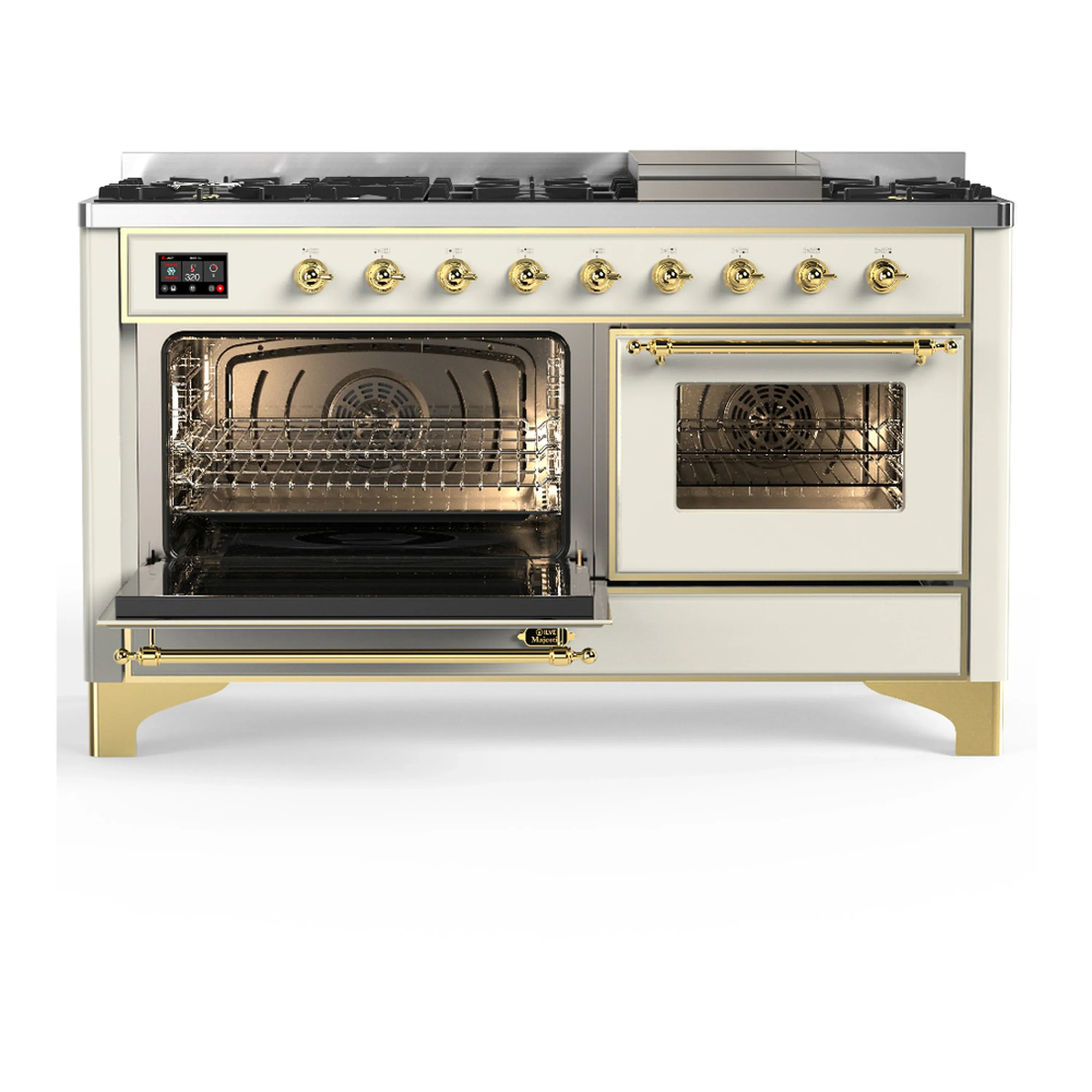 ILVE Majestic III 60-inch Dual Fuel Range with 7 Natural Gas Burner, Griddle and Triple Glass Door Electric Oven in Antique White with Brass Trim (UM60FNR3AWG) - Image 5