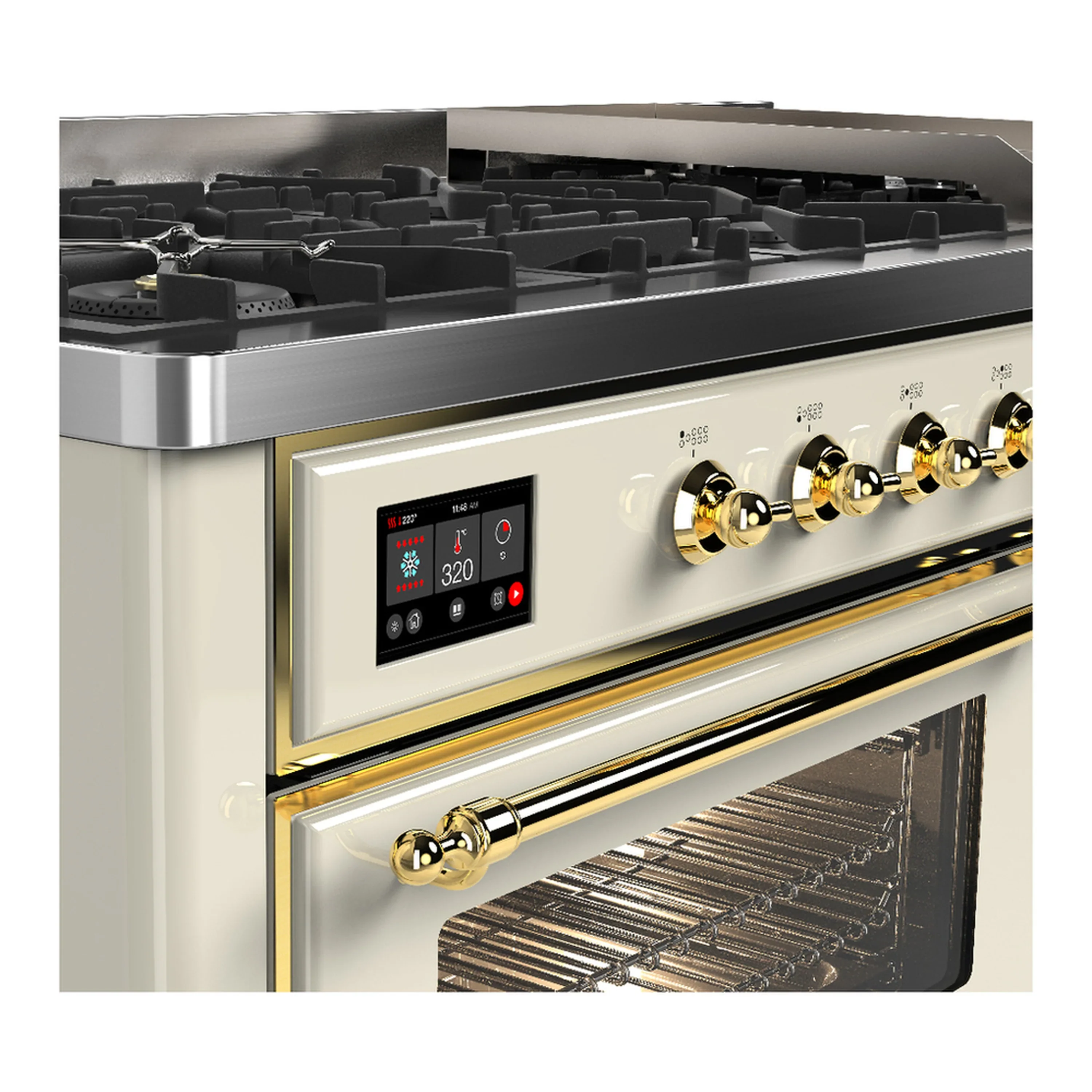 ILVE Majestic III 60-inch Dual Fuel Range with 7 Natural Gas Burner, Griddle and Triple Glass Door Electric Oven in Antique White with Brass Trim (UM60FNR3AWG) - Image 7