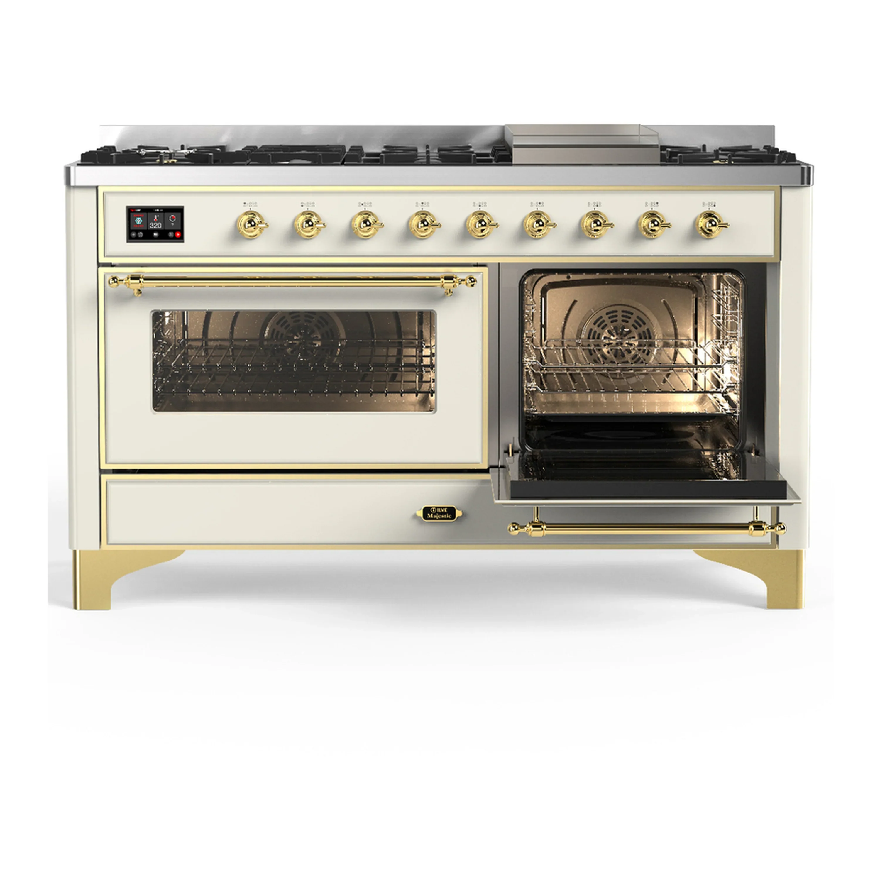 ILVE Majestic III 60-inch Dual Fuel Range with 5 Liquid Propane Burner, Griddle and Triple Glass Door Electric Oven in Antique White with Brass Trim (UM60FNR3AWGLP) - Image 4