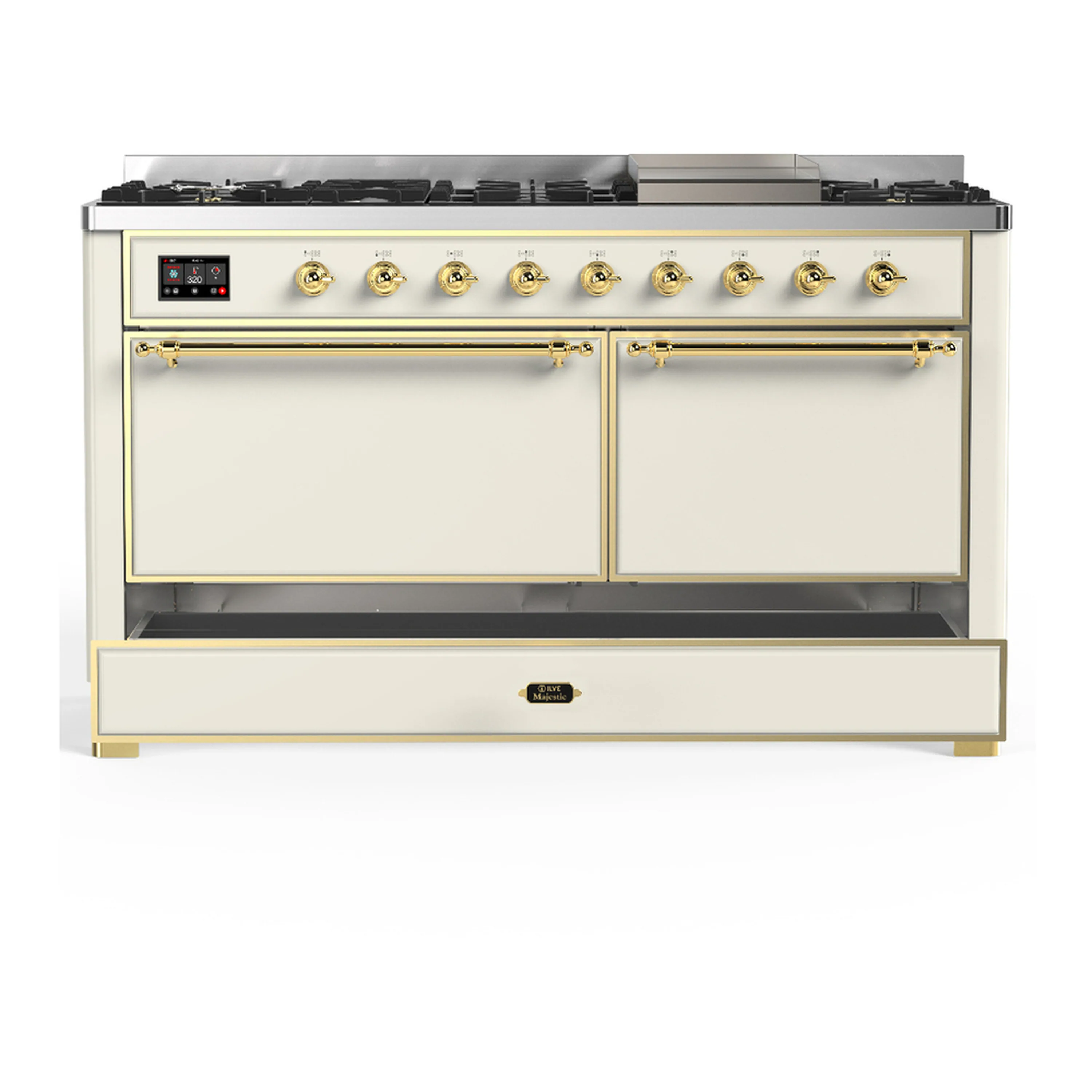 ILVE Majestic III 60-inch Dual Fuel Range with 7 Natural Gas Burner, Griddle and Solid Door Electric Oven in Antique White with Brass Trim (UM60FQNR3AWG) - Image 3