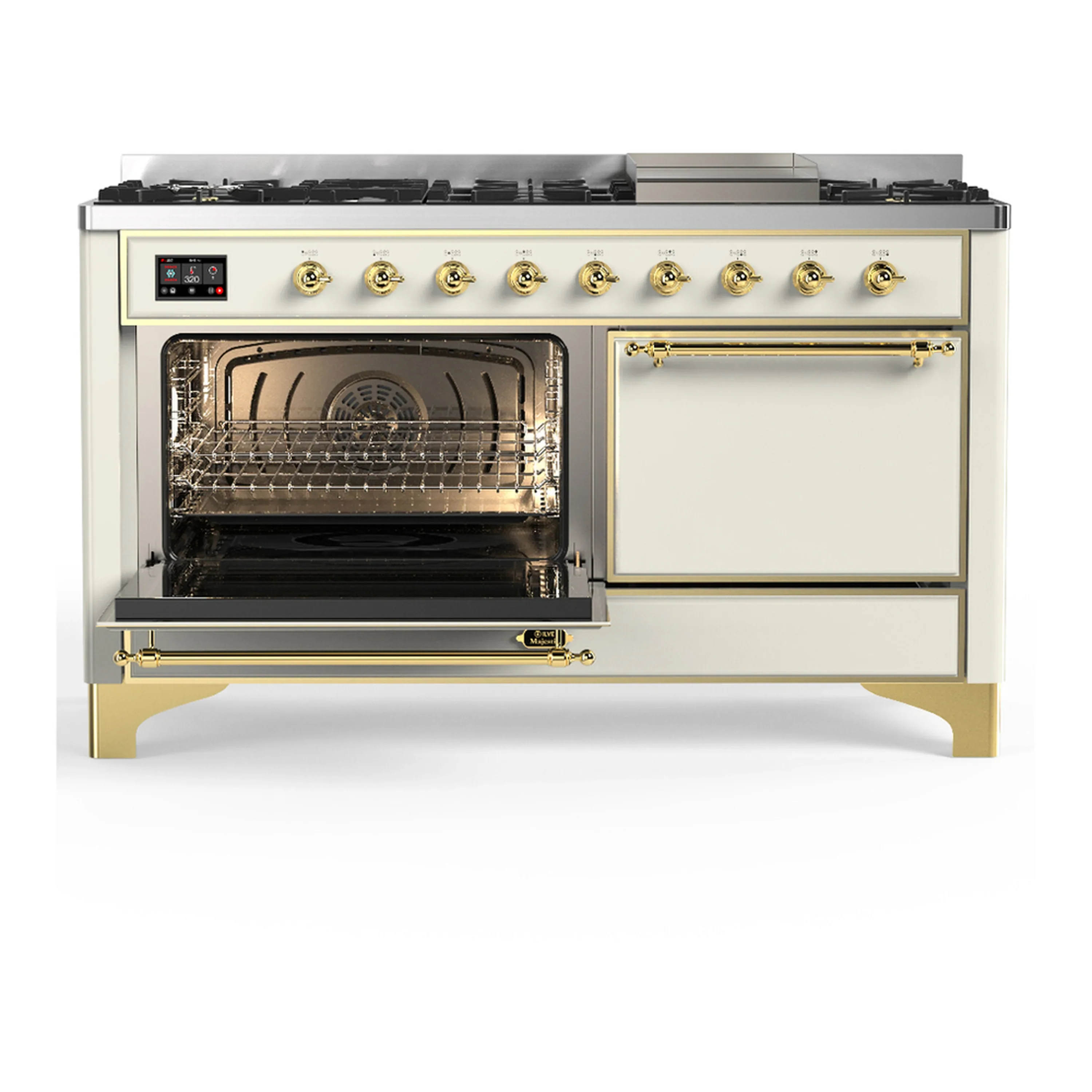 ILVE Majestic III 60-inch Dual Fuel Range with 7 Natural Gas Burner, Griddle and Solid Door Electric Oven in Antique White with Brass Trim (UM60FQNR3AWG) - Image 5