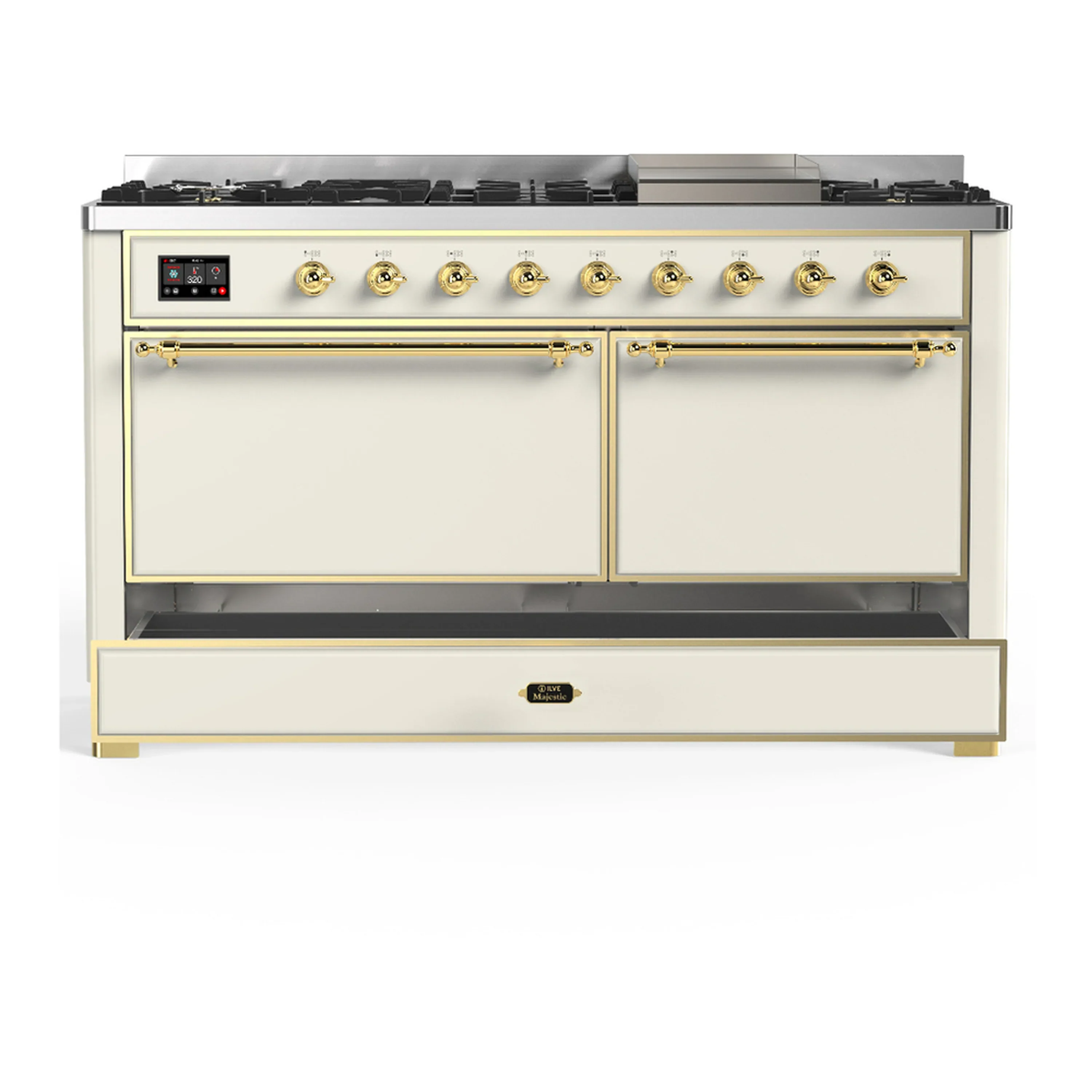 ILVE Majestic III 60-inch Dual Fuel Range with 5 Liquid Propane Burner, Griddle and Solid Door Electric Oven in Antique White with Brass Trim (UM60FQNR3AWGLP) - Image 3