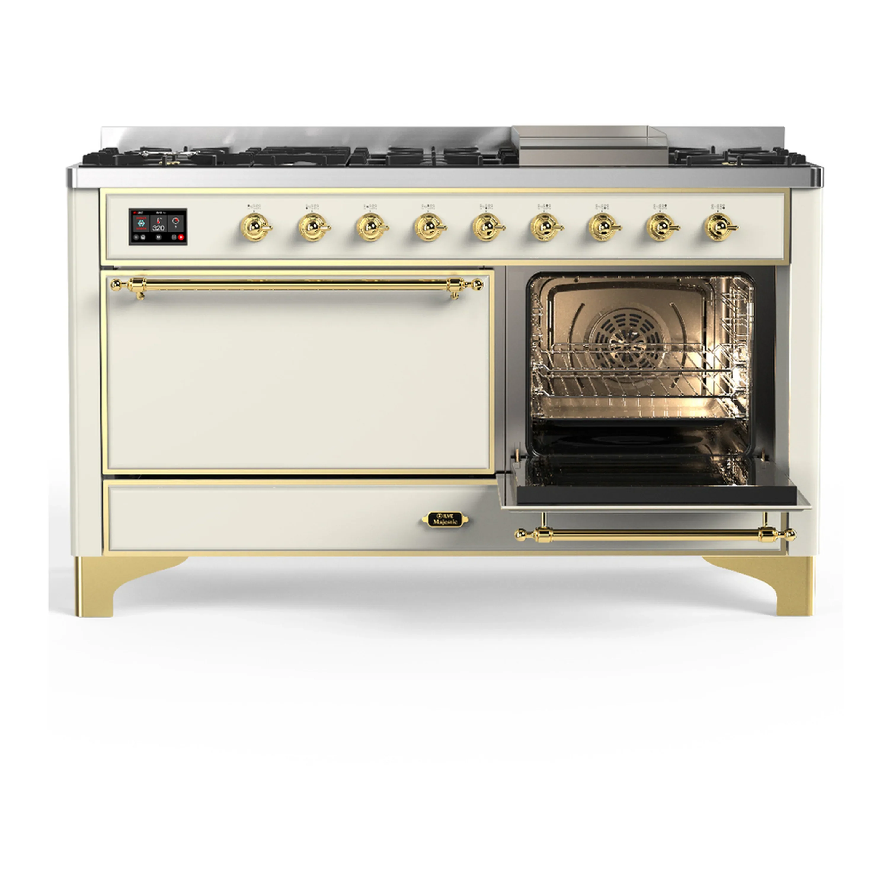 ILVE Majestic III 60-inch Dual Fuel Range with 5 Liquid Propane Burner, Griddle and Solid Door Electric Oven in Antique White with Brass Trim (UM60FQNR3AWGLP) - Image 4