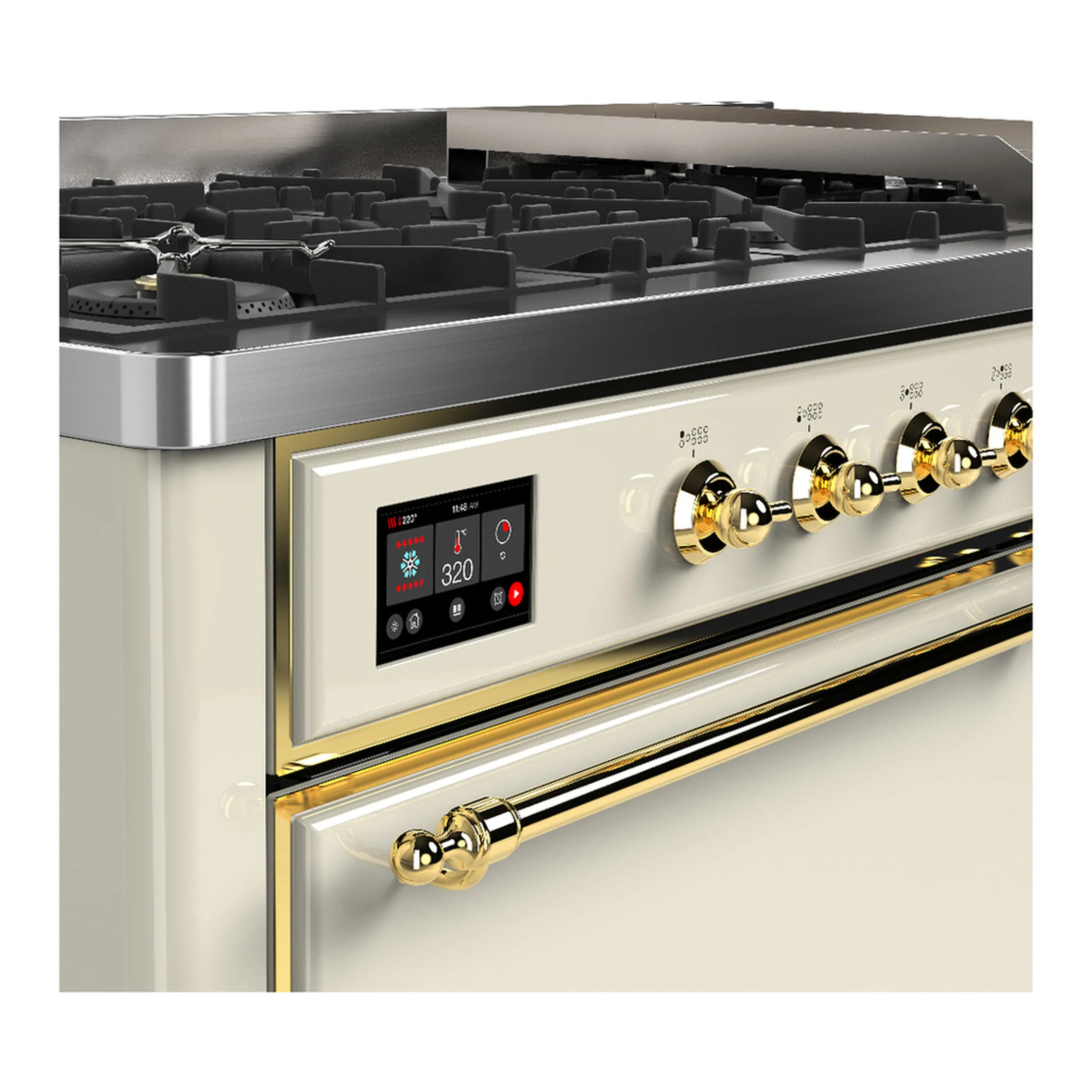 ILVE Majestic III 60-inch Dual Fuel Range with 5 Liquid Propane Burner, Griddle and Solid Door Electric Oven in Antique White with Brass Trim (UM60FQNR3AWGLP) - Image 7