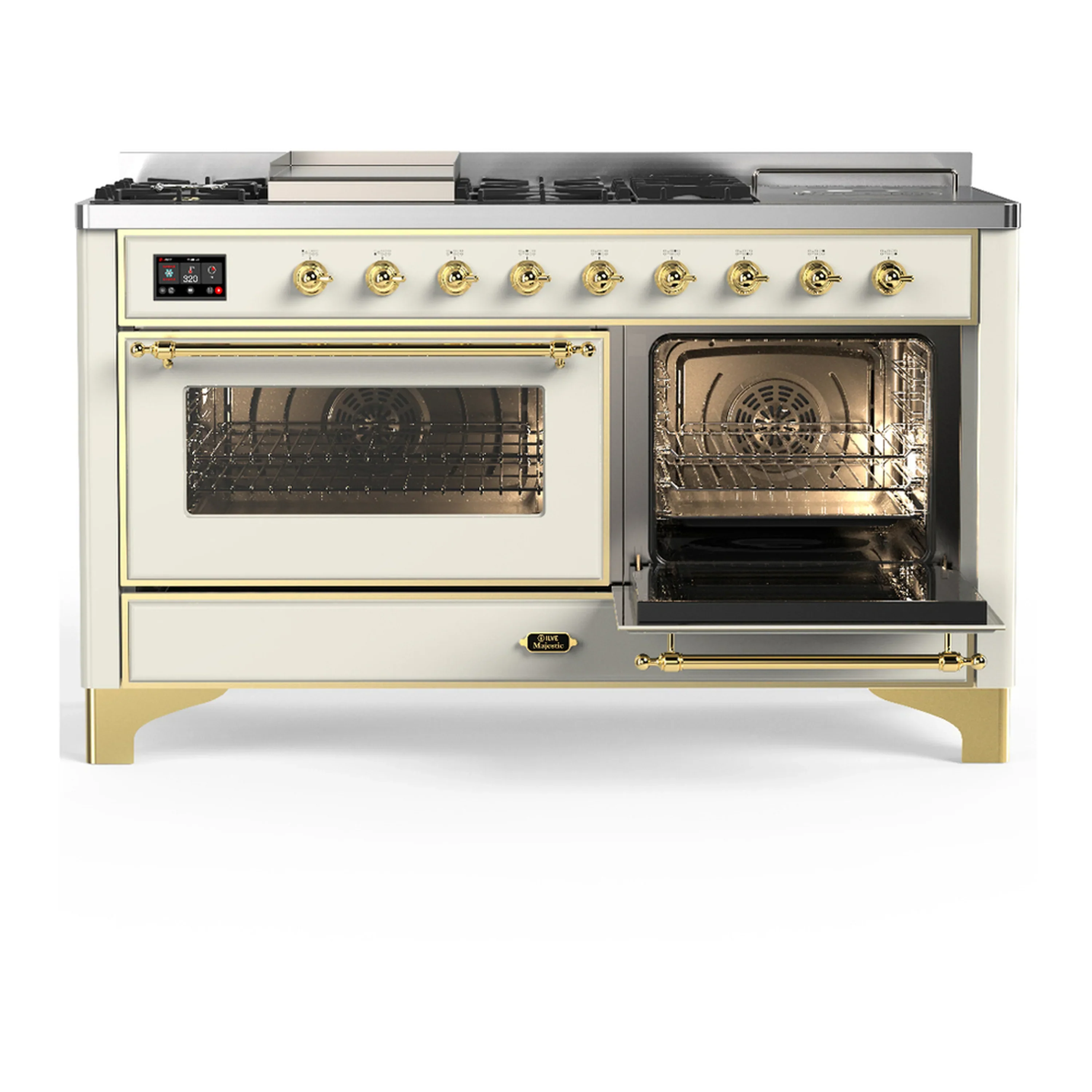 ILVE Majestic III 60-inch Dual Fuel Range with 7 Natural Gas Burner, Griddle, French Top and Triple Glass Door Electric Oven in Antique White with Brass Trim (UM60FSNR3AWG) - Image 4