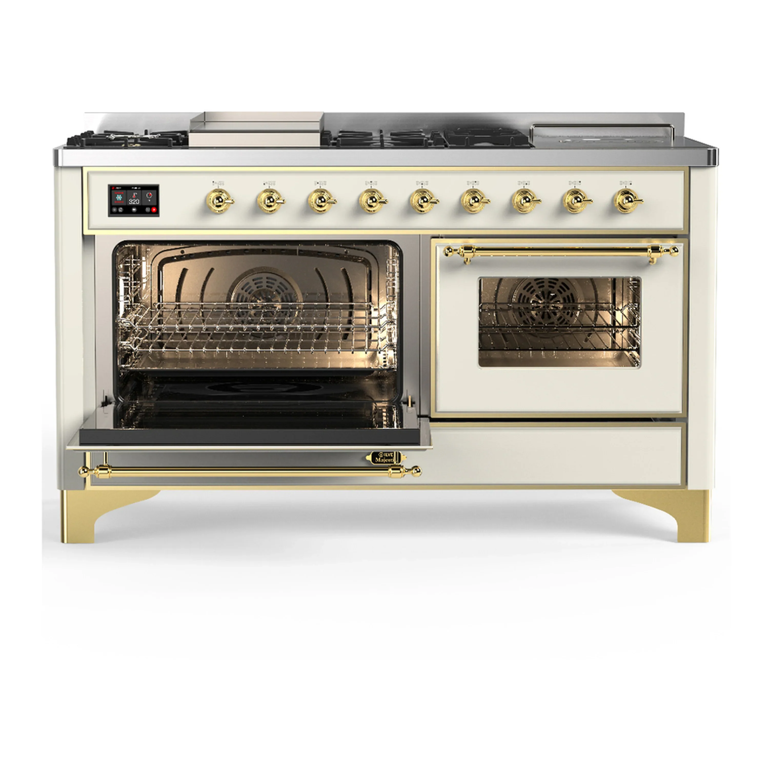 ILVE Majestic III 60-inch Dual Fuel Range with 7 Natural Gas Burner, Griddle, French Top and Triple Glass Door Electric Oven in Antique White with Brass Trim (UM60FSNR3AWG) - Image 5
