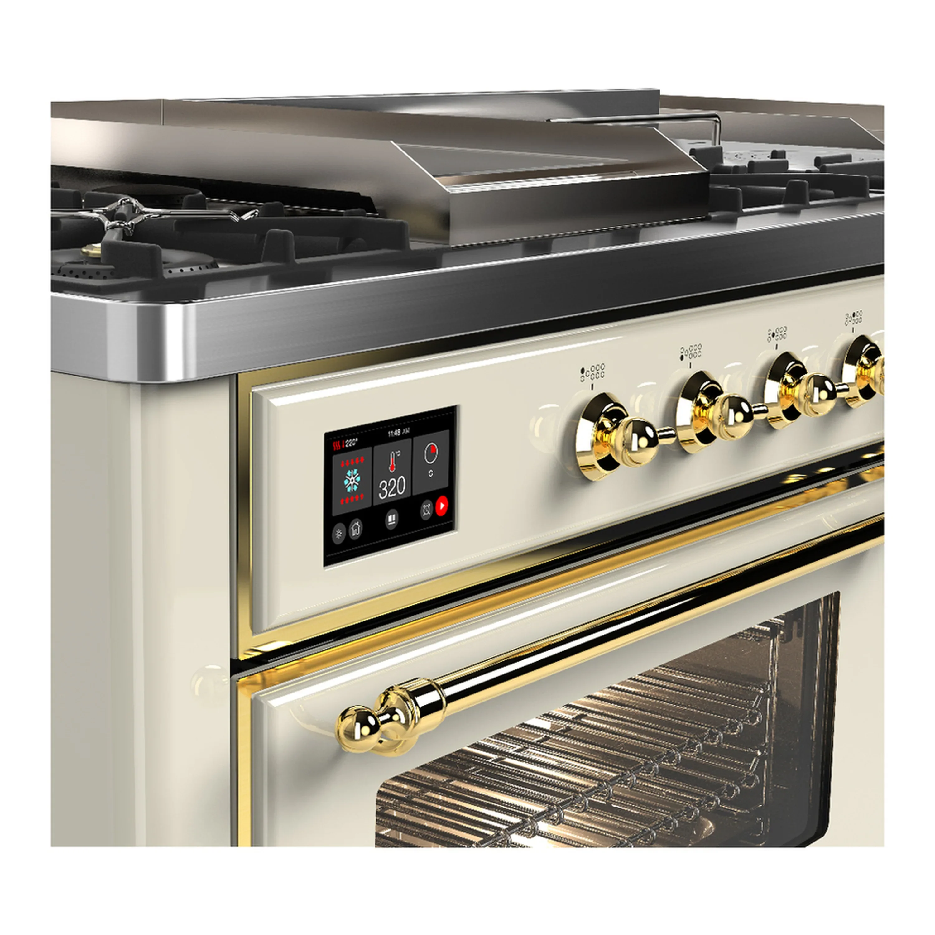ILVE Majestic III 60-inch Dual Fuel Range with 7 Natural Gas Burner, Griddle, French Top and Triple Glass Door Electric Oven in Antique White with Brass Trim (UM60FSNR3AWG) - Image 7