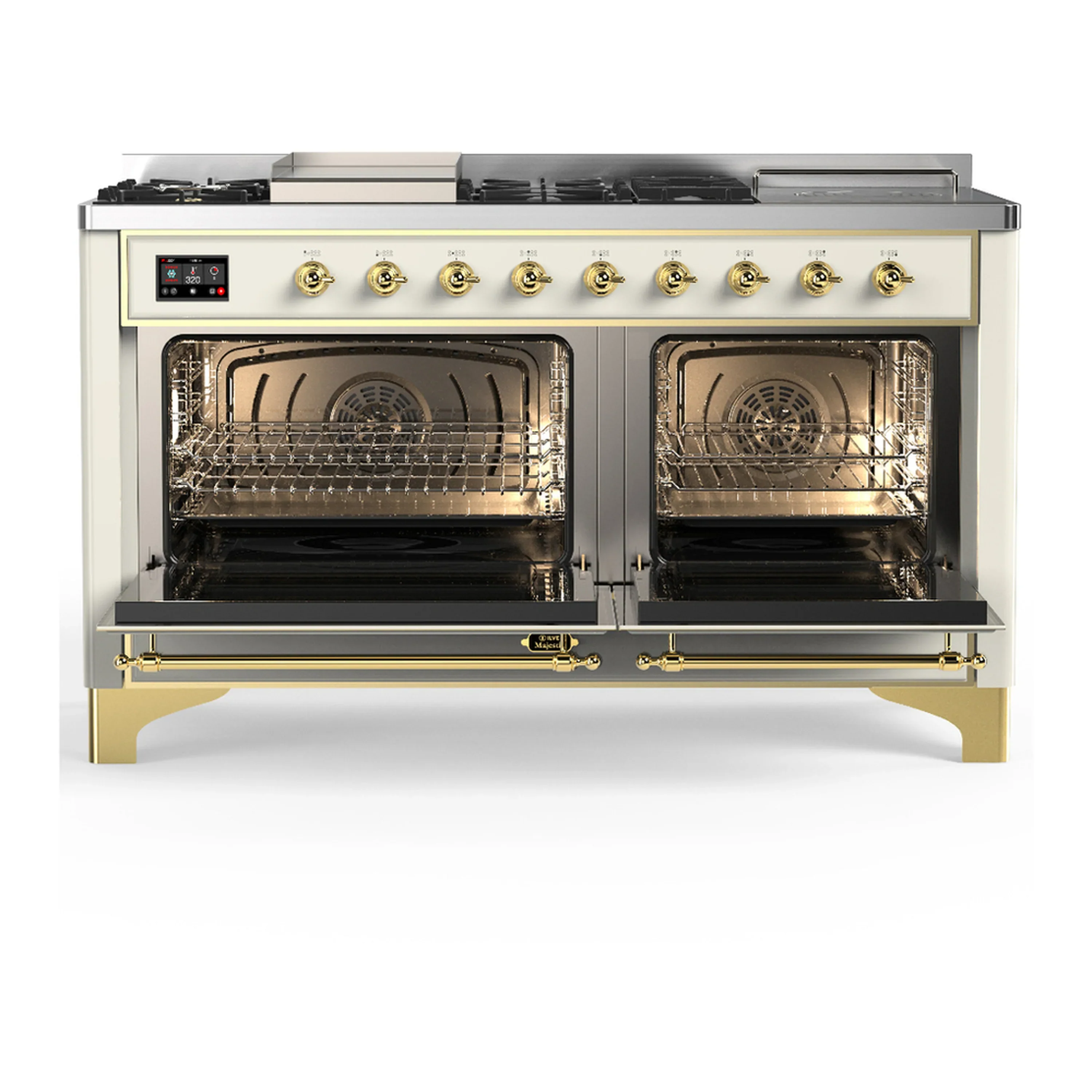 ILVE Majestic III 60-inch Dual Fuel Range with 5 Liquid Propane Burner, Griddle, French Top and Triple Glass Door Electric Oven in Antique White with Brass Trim (UM60FSNR3AWGLP) - Image 6