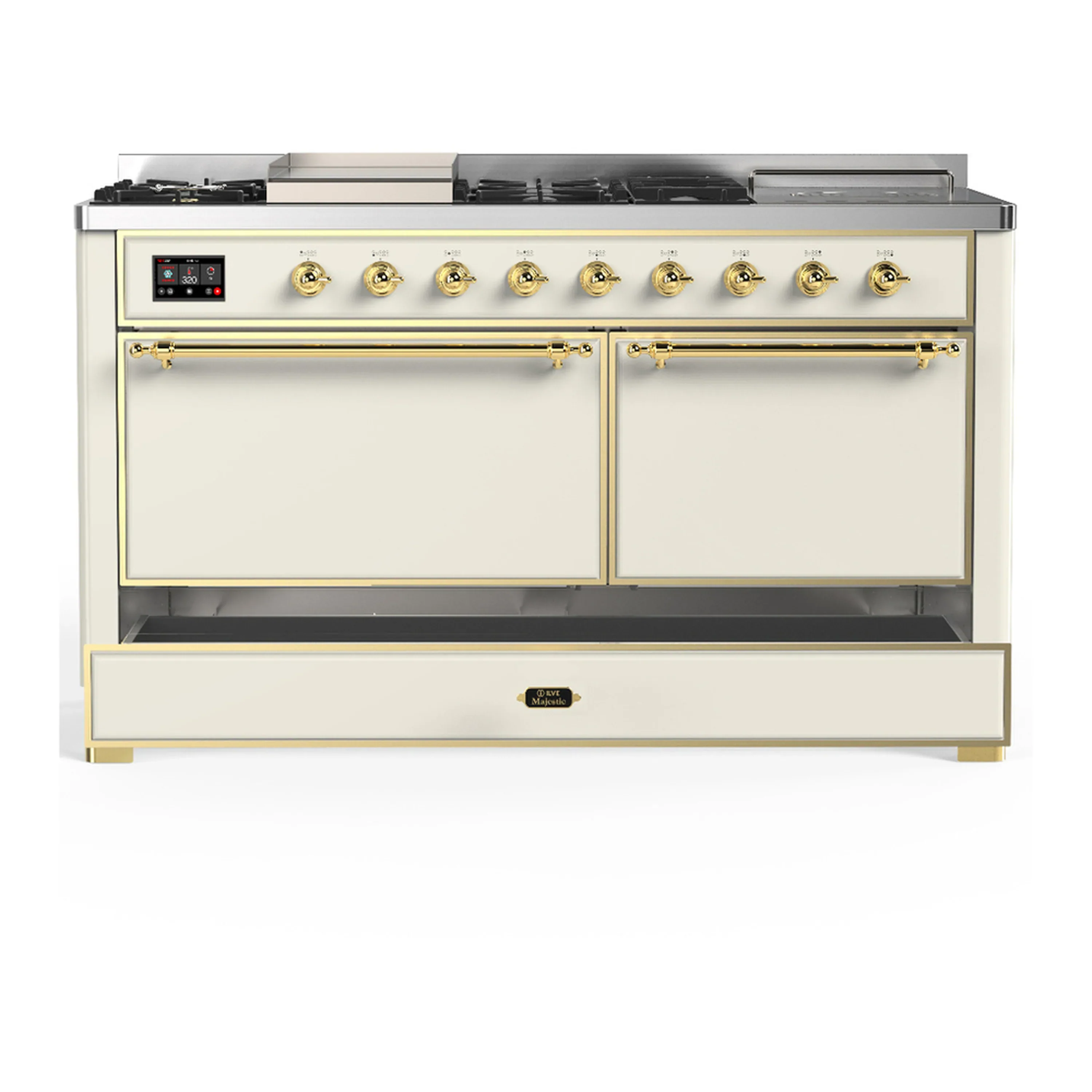 ILVE Majestic III 60-inch Dual Fuel Range with 7 Natural Gas Burner, Griddle, French Top and Solid Door Electric Oven in Antique White with Brass Trim (UM60FSQNR3AWG) - Image 3