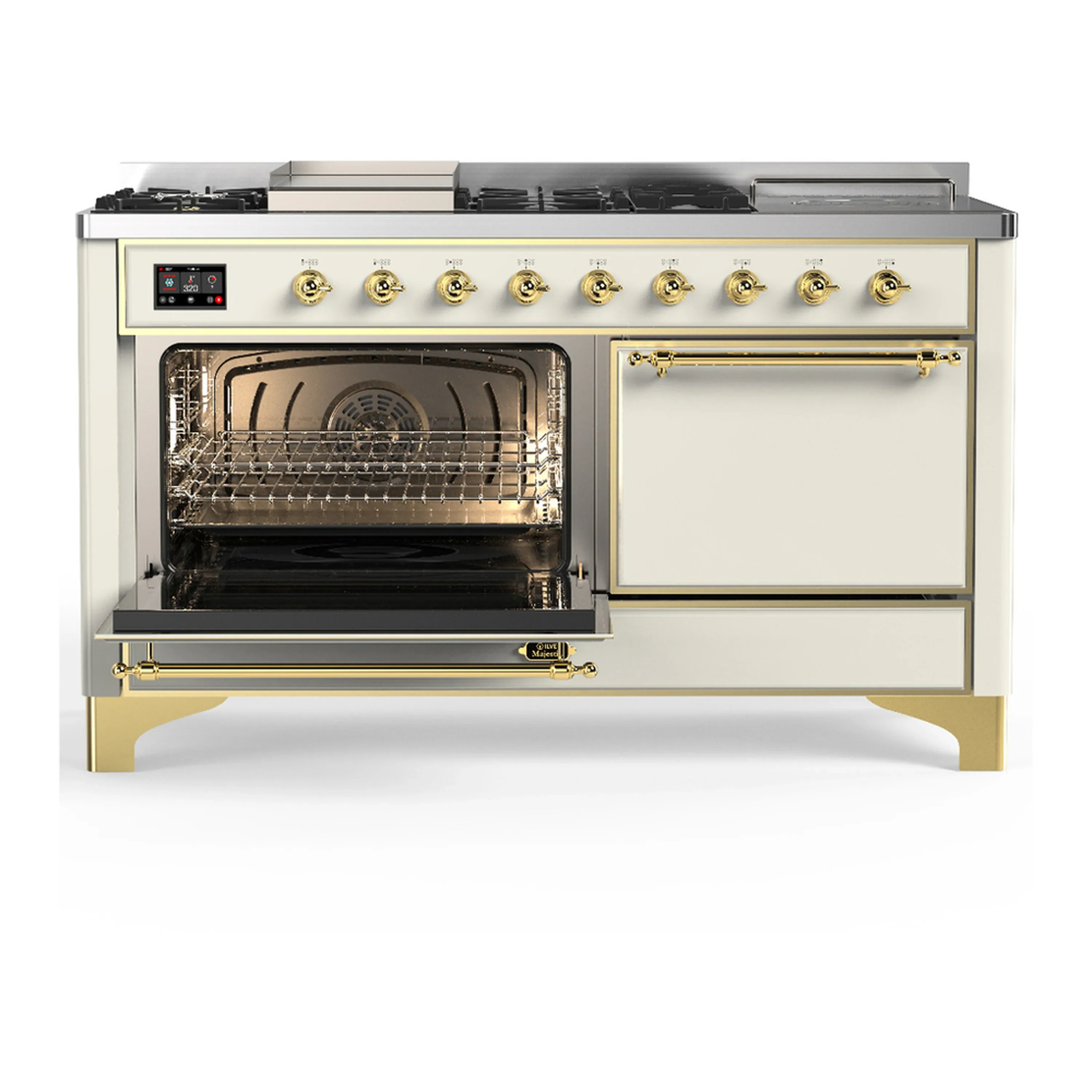 ILVE Majestic III 60-inch Dual Fuel Range with 7 Natural Gas Burner, Griddle, French Top and Solid Door Electric Oven in Antique White with Brass Trim (UM60FSQNR3AWG) - Image 5