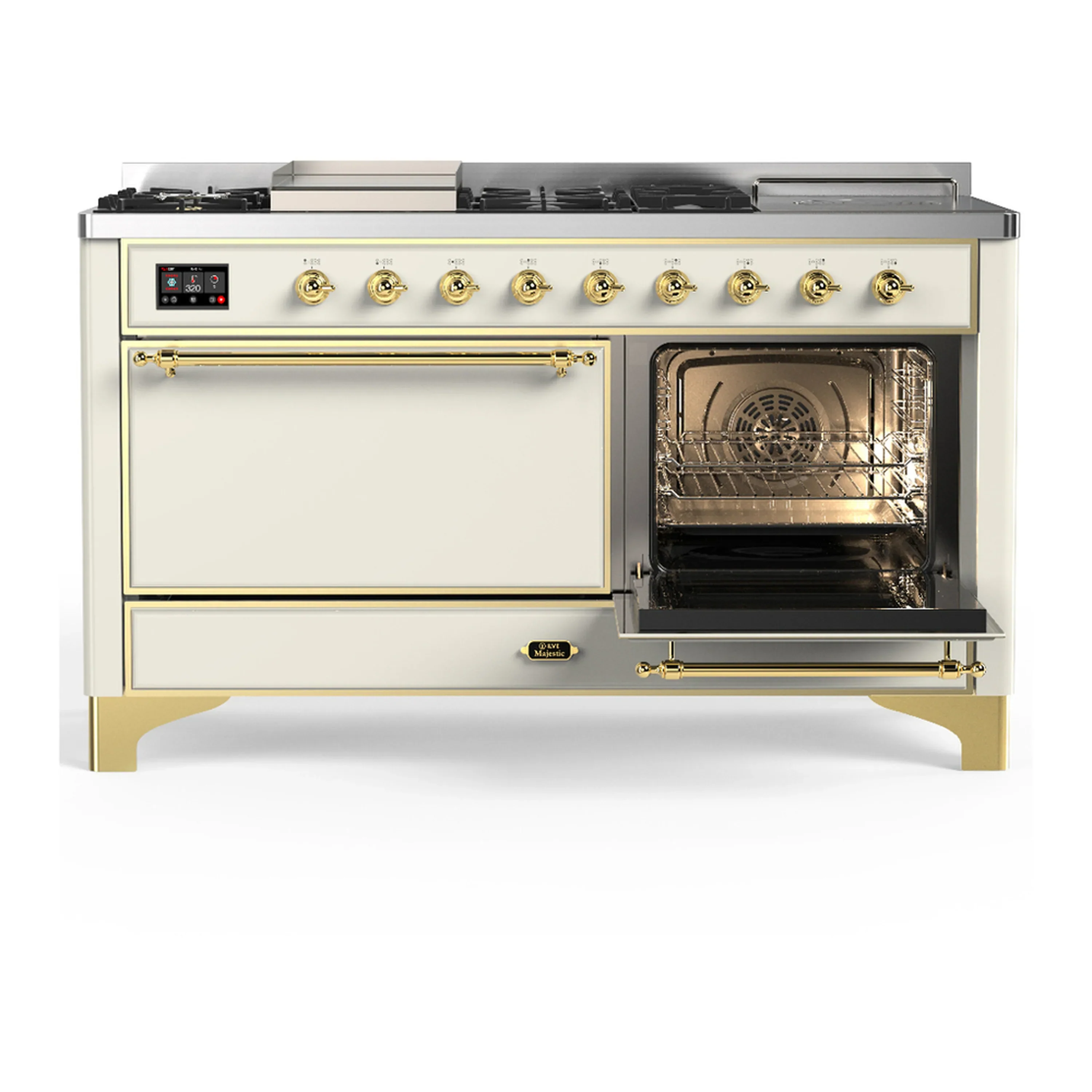 ILVE Majestic III 60-inch Dual Fuel Range with 5 Liquid Propane Burner, Griddle, French Top and Solid Door Electric Oven in Antique White with Brass Trim (UM60FSQNR3AWGLP) - Image 4