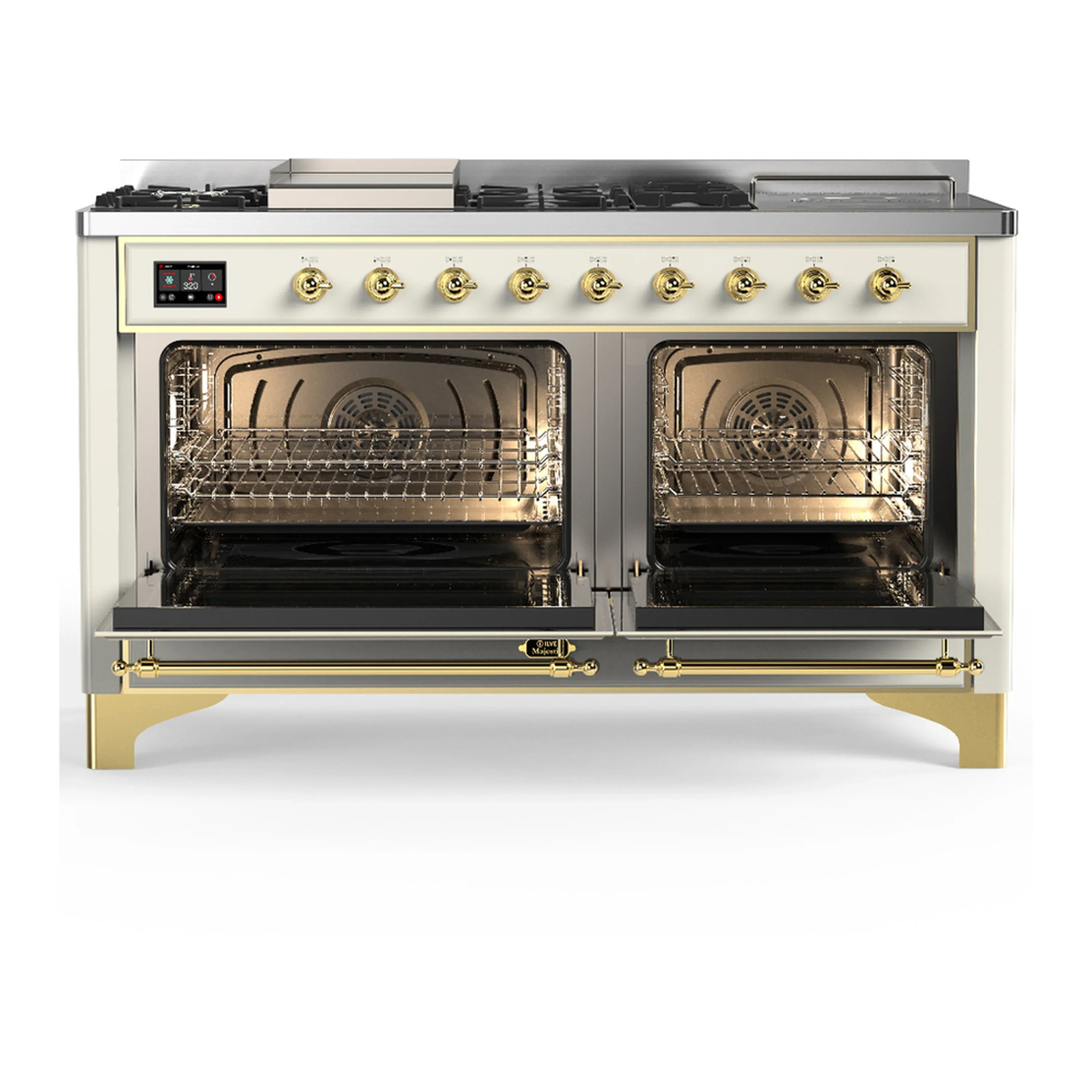 ILVE Majestic III 60-inch Dual Fuel Range with 5 Liquid Propane Burner, Griddle, French Top and Solid Door Electric Oven in Antique White with Brass Trim (UM60FSQNR3AWGLP) - Image 6