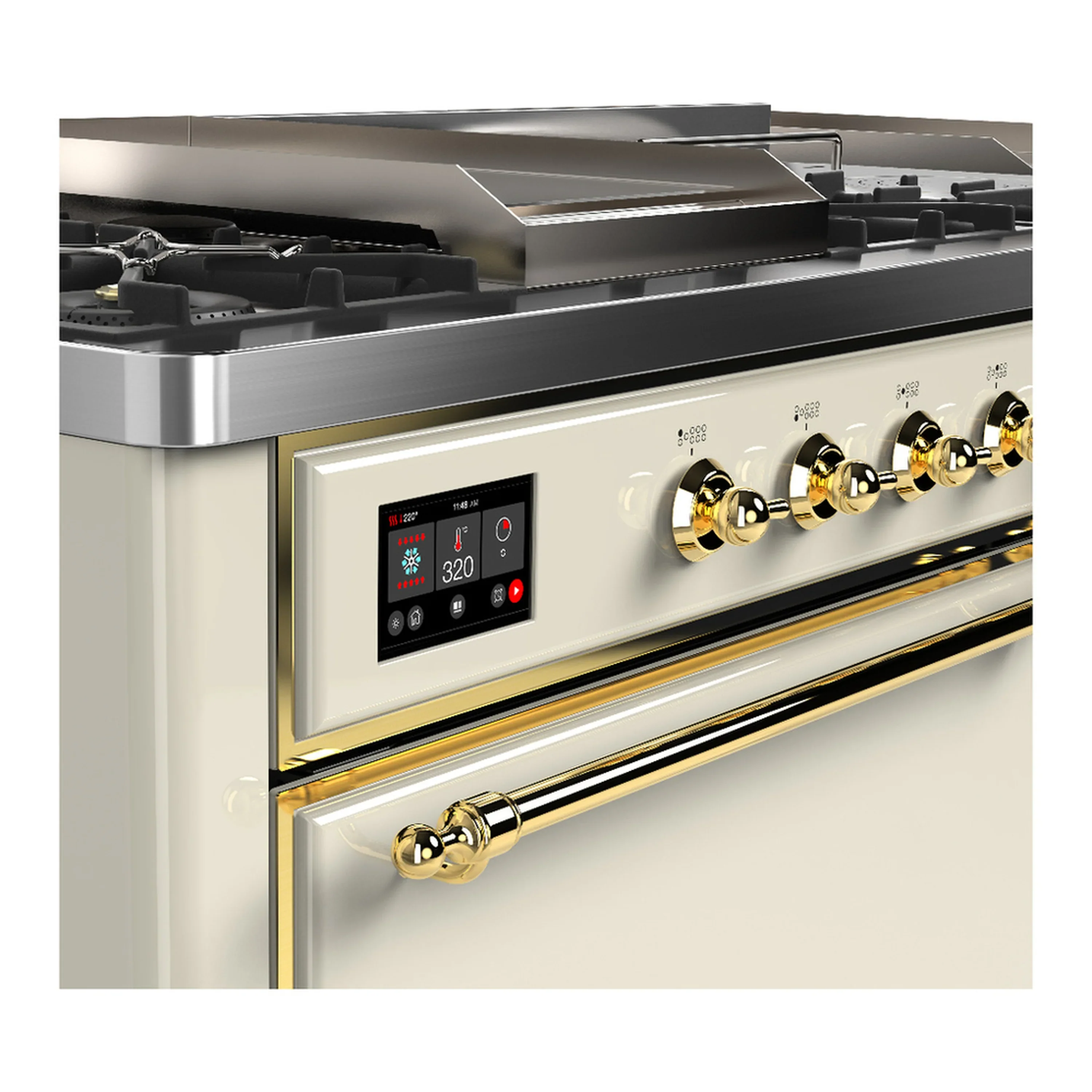 ILVE Majestic III 60-inch Dual Fuel Range with 5 Liquid Propane Burner, Griddle, French Top and Solid Door Electric Oven in Antique White with Brass Trim (UM60FSQNR3AWGLP) - Image 7