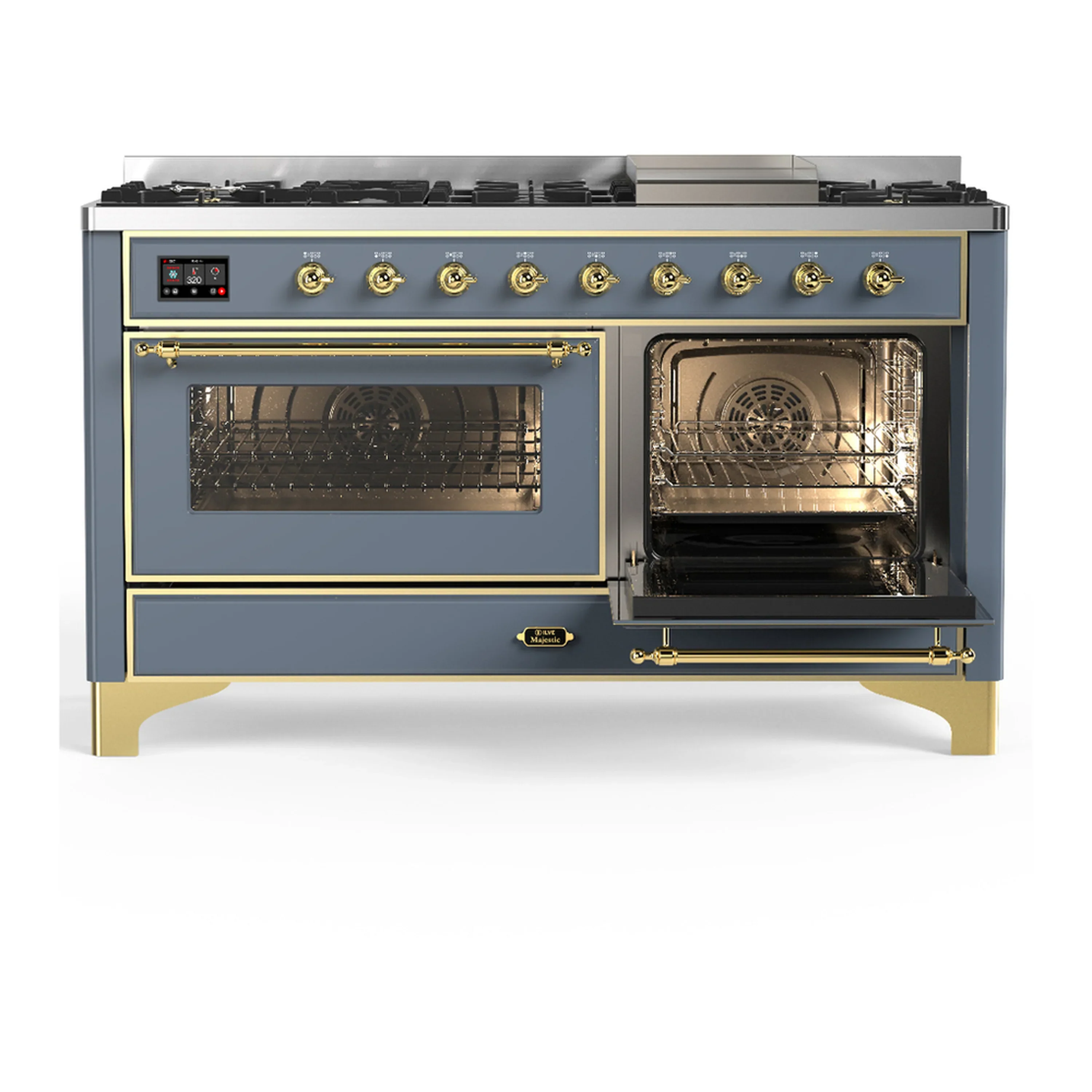ILVE Majestic III 60-inch Dual Fuel Range with 7 Natural Gas Burner, Griddle and Triple Glass Door Electric Oven in Blue Grey with Brass Trim (UM60FNR3BGG) - Image 4