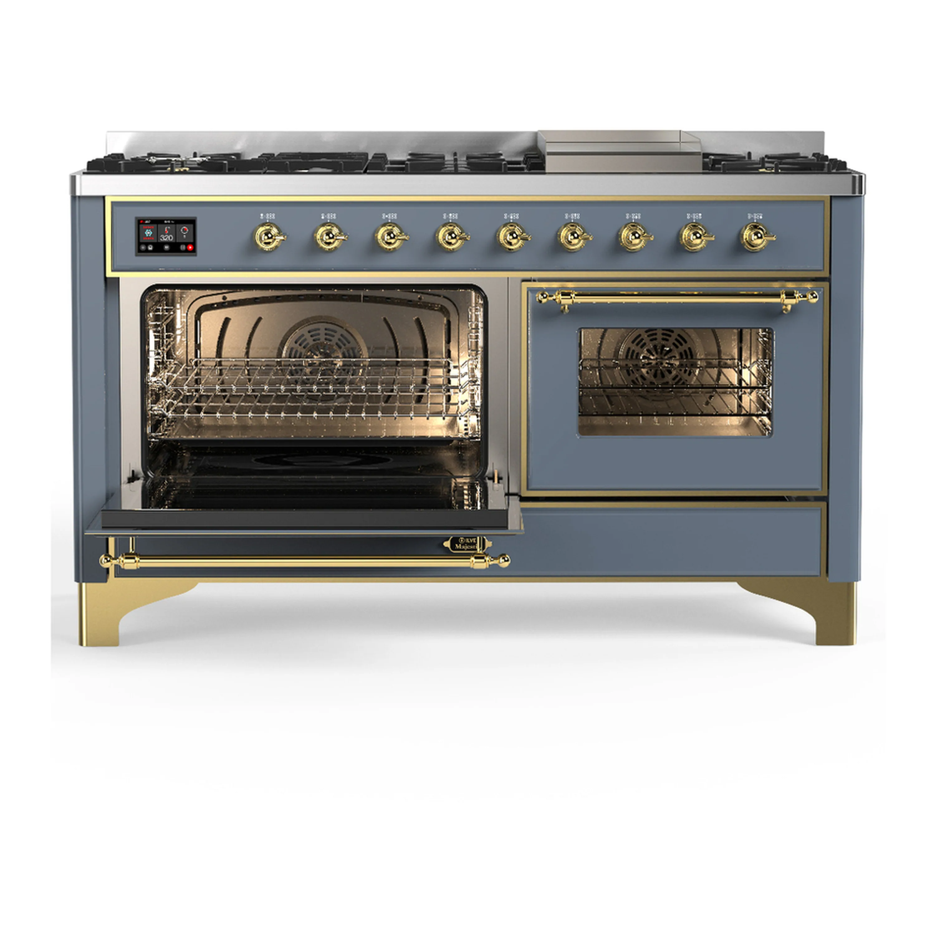 ILVE Majestic III 60-inch Dual Fuel Range with 7 Natural Gas Burner, Griddle and Triple Glass Door Electric Oven in Blue Grey with Brass Trim (UM60FNR3BGG) - Image 5