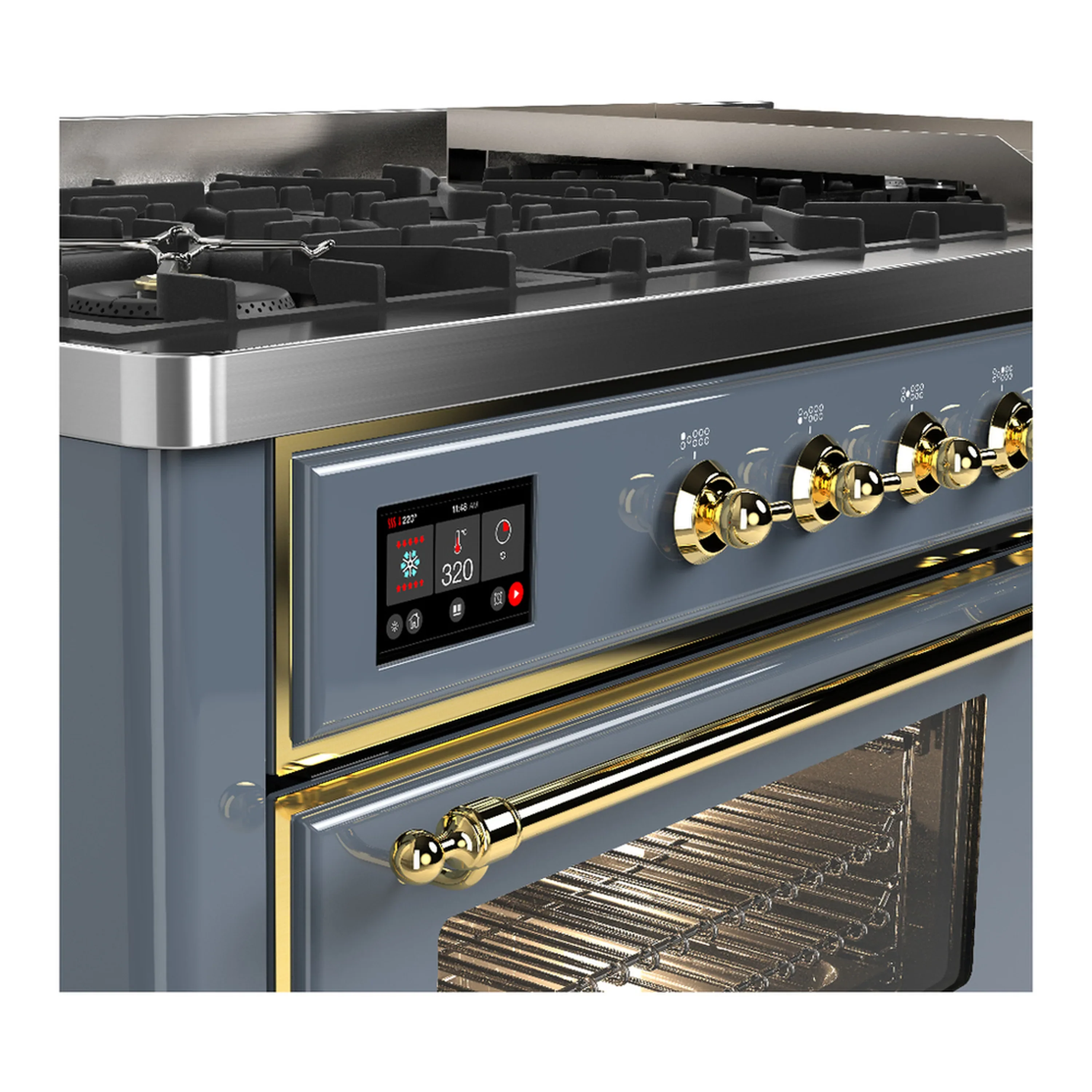 ILVE Majestic III 60-inch Dual Fuel Range with 7 Natural Gas Burner, Griddle and Triple Glass Door Electric Oven in Blue Grey with Brass Trim (UM60FNR3BGG) - Image 7