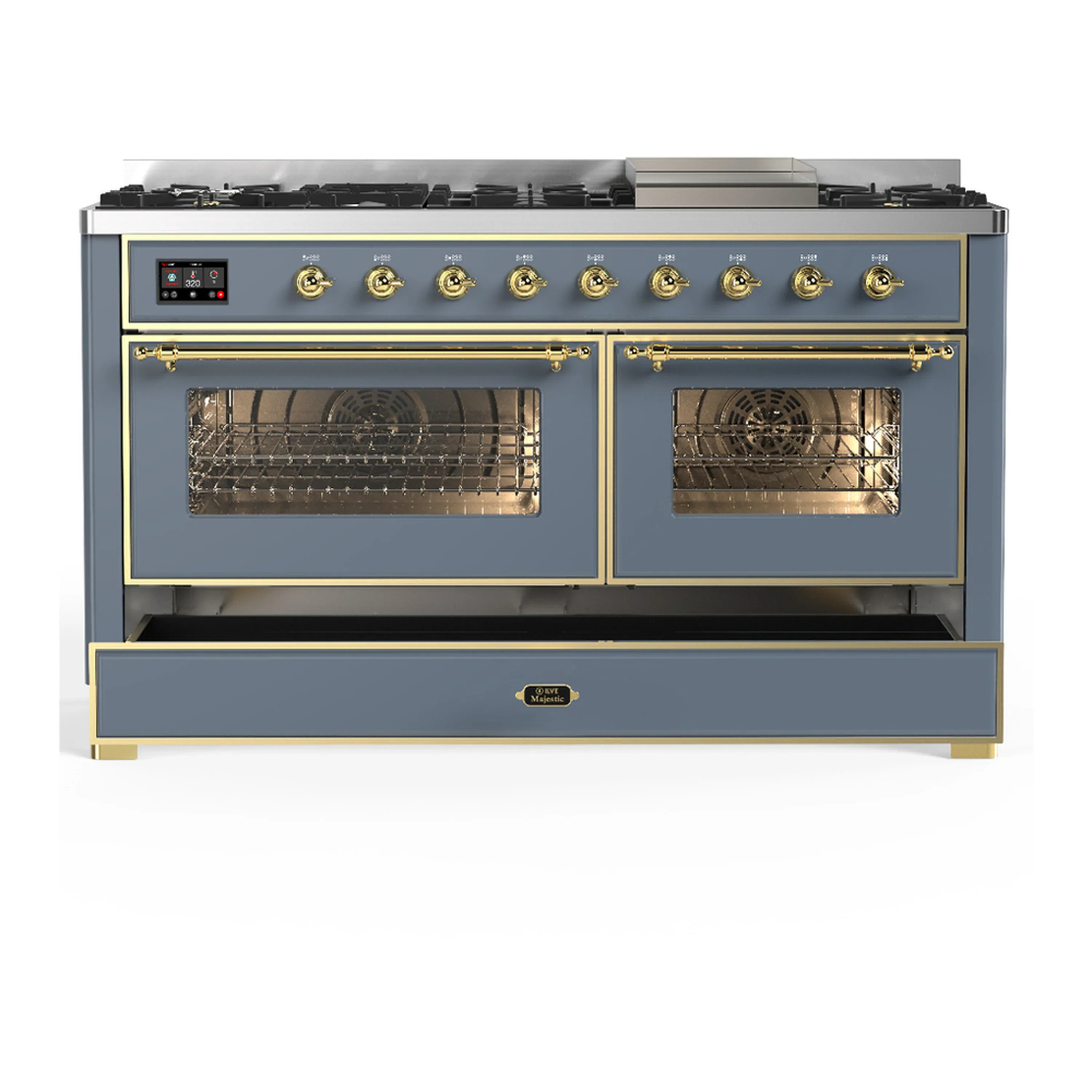 ILVE Majestic III 60-inch Dual Fuel Range with 5 Liquid Propane Burner, Griddle and Triple Glass Door Electric Oven in Blue Grey with Brass Trim (UM60FNR3BGGLP) - Image 3