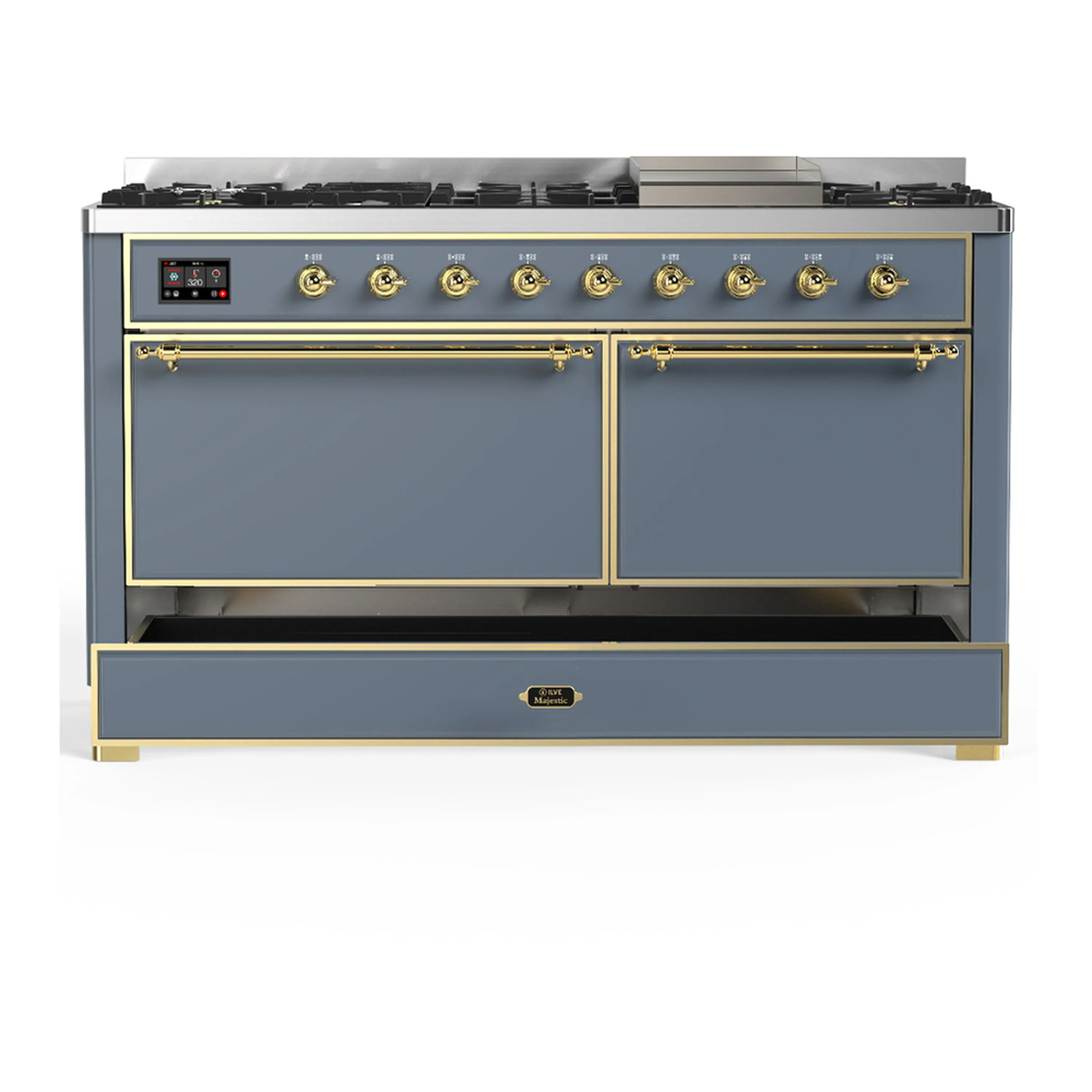 ILVE Majestic III 60-inch Dual Fuel Range with 7 Natural Gas Burner, Griddle and Solid Door Electric Oven in Blue Grey with Brass Trim (UM60FQNR3BGG) - Image 3